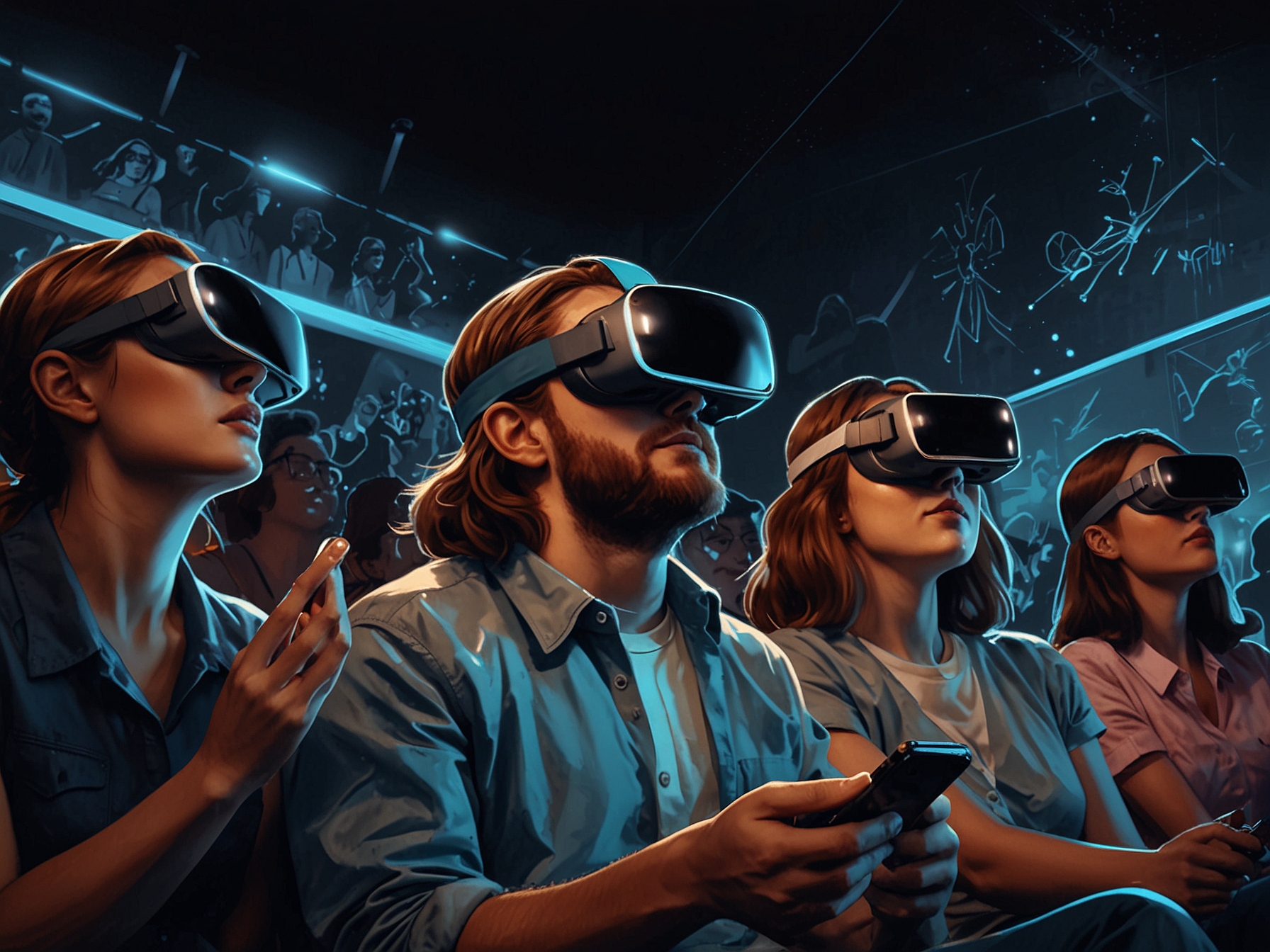 A dynamic image of viewers in virtual reality headsets engaged in an interactive movie experience, illustrating the modern trend of audience participation in storytelling.