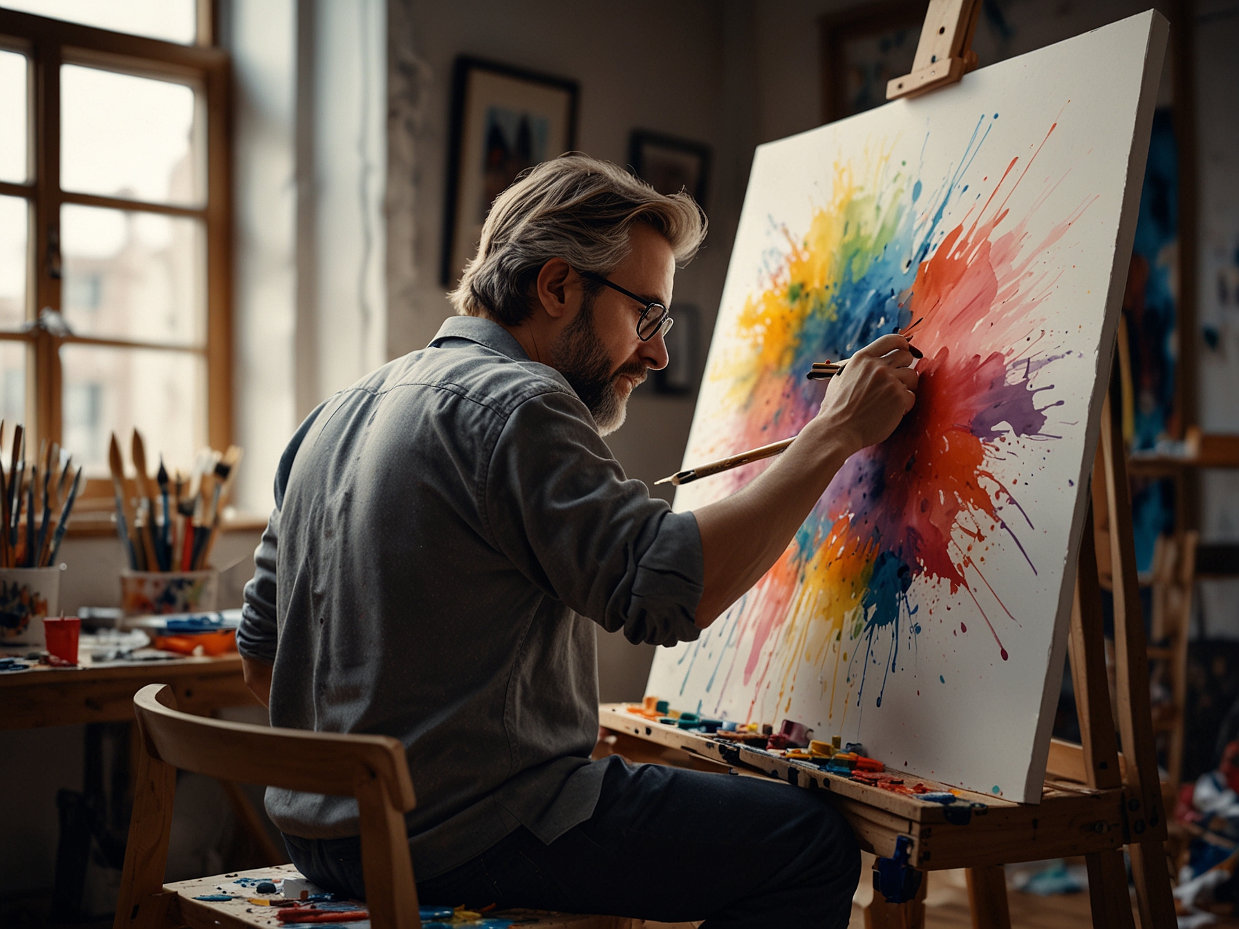 An artist painting passionately in a studio, surrounded by colorful canvases and brushes, symbolizing the deep connection between technique and emotion in the art-making process.