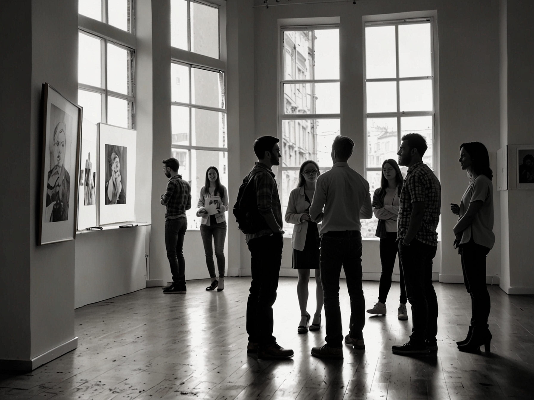 A group of people enjoying an art exhibition, engaging in discussions, and sharing their feelings about the artworks, illustrating the community-building aspect of art.