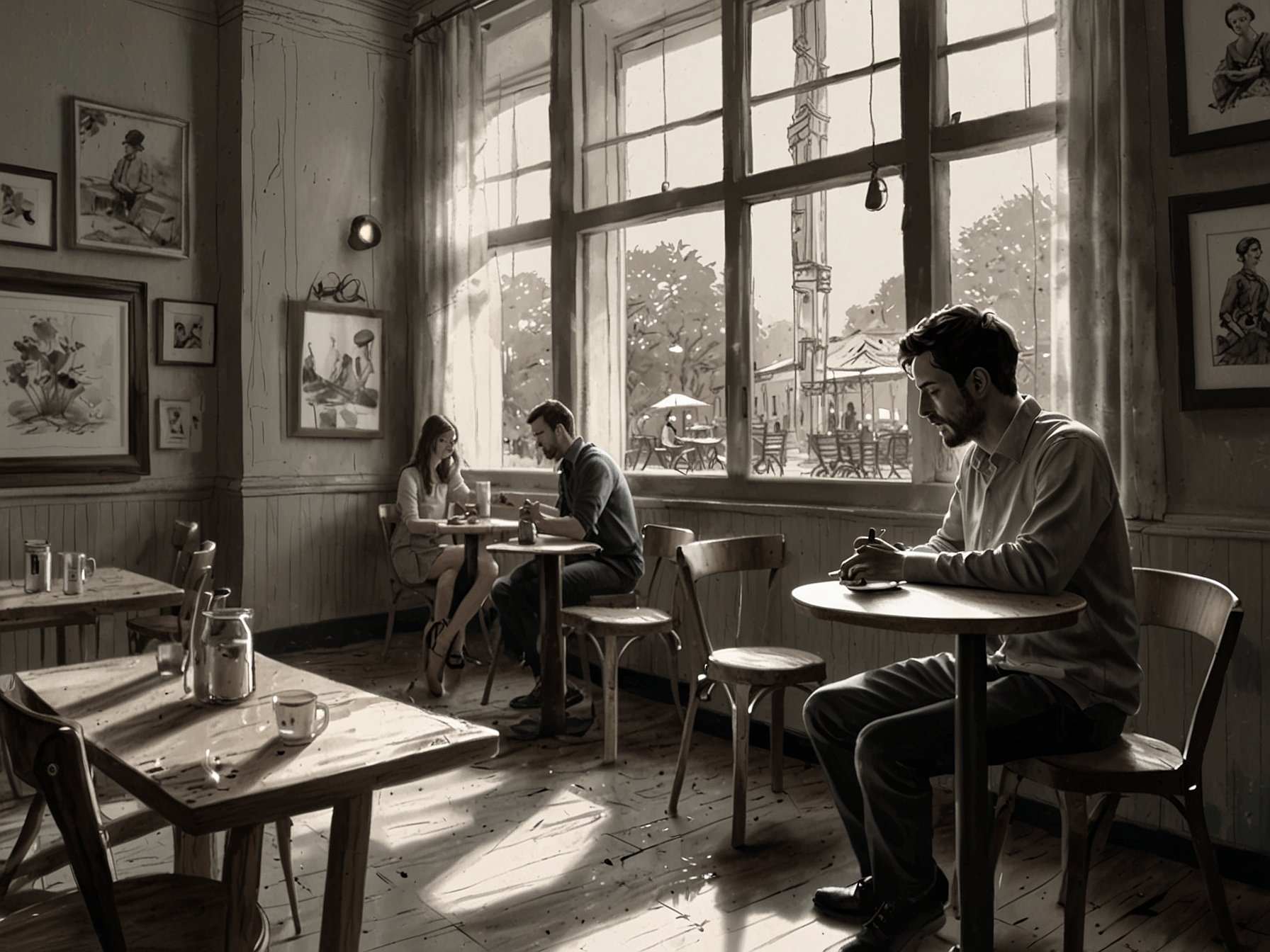 A serene café scene with a musician playing a soothing melody, creating an immersive atmosphere that evokes various emotions among the listeners.