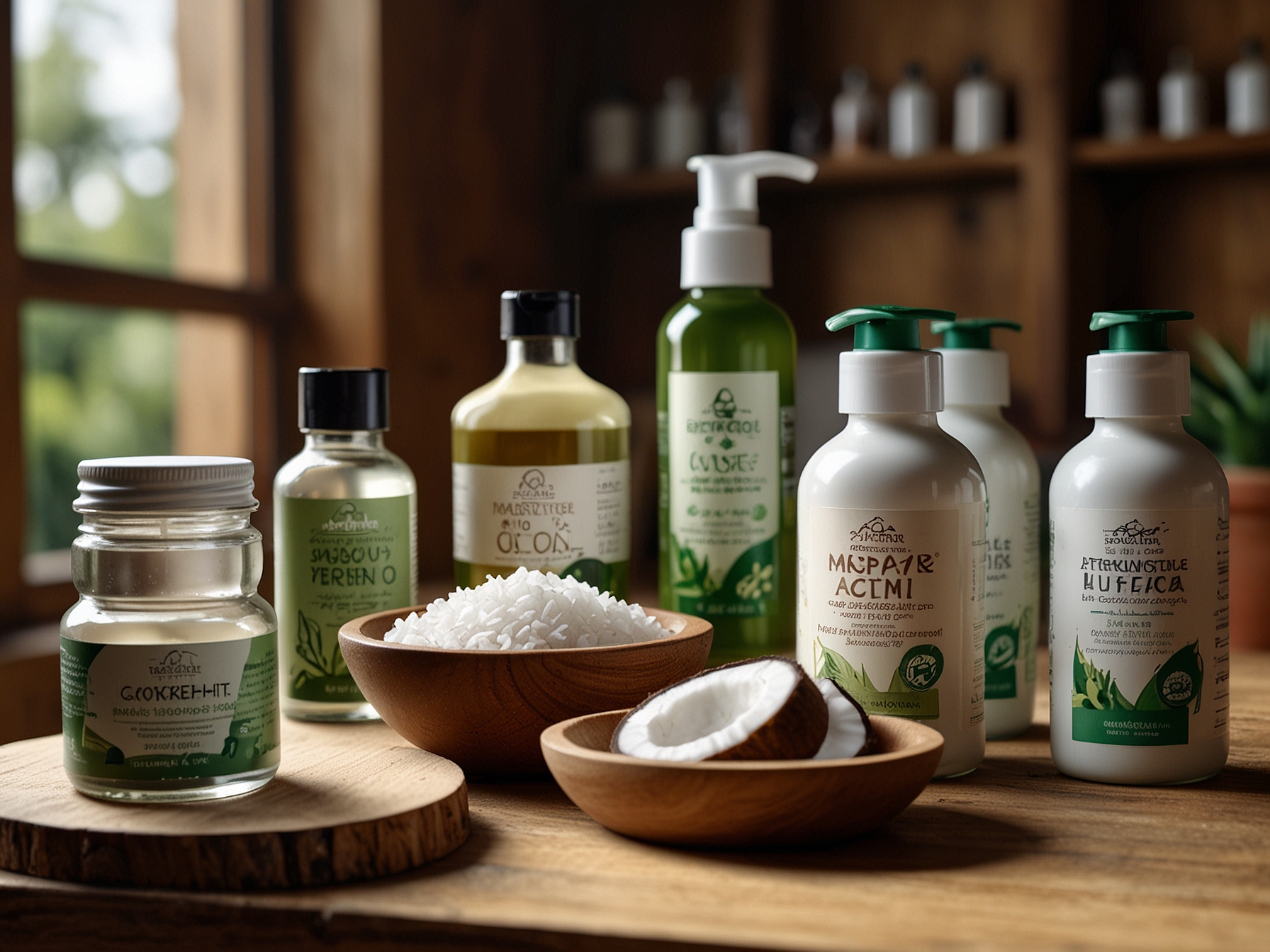 An array of natural hair care products, including coconut oil and aloe vera, displayed on a wooden countertop, emphasizing the benefits of natural ingredients for hair nourishment.