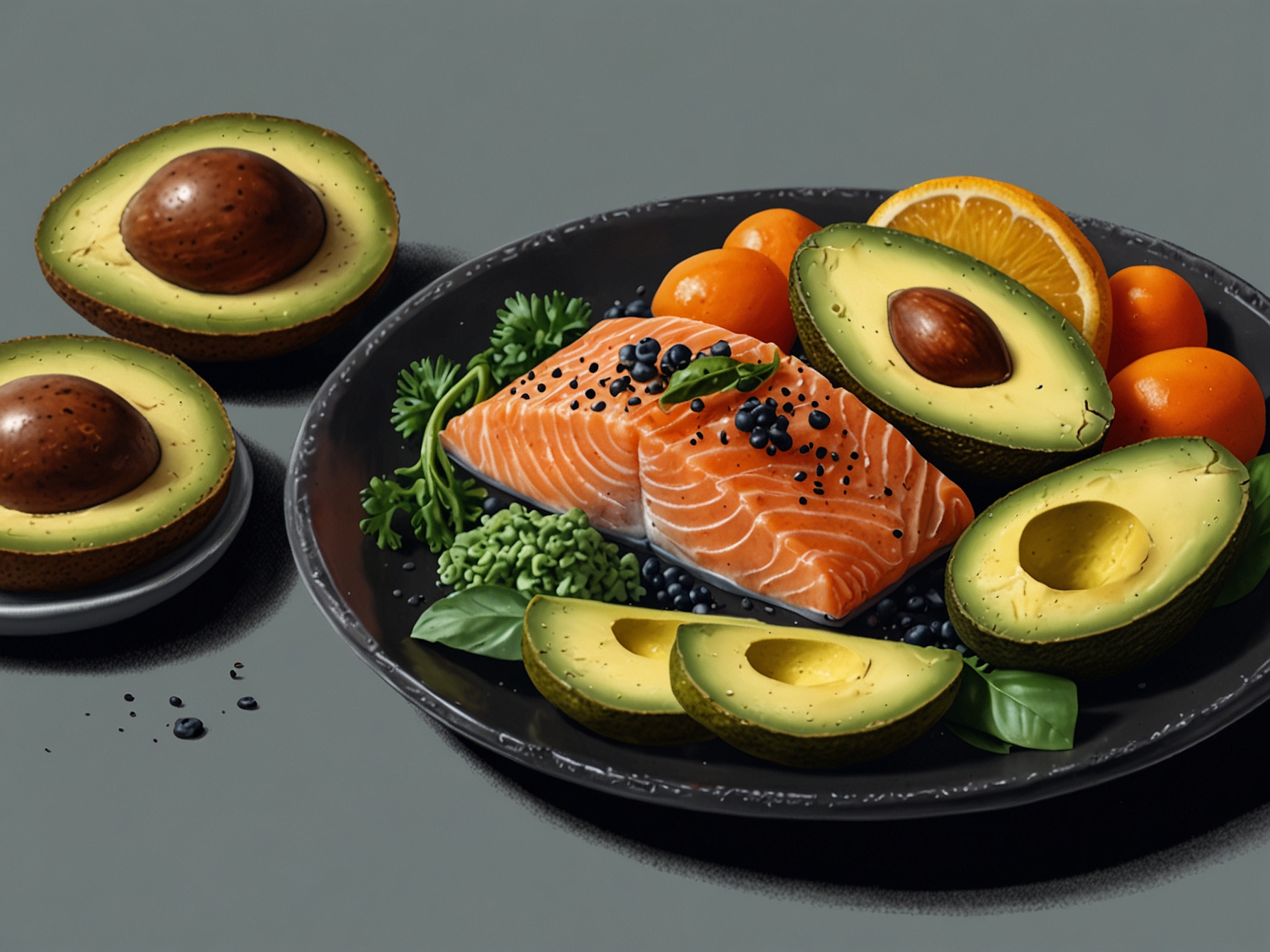 A vibrant plate of foods rich in vitamins, including salmon, chia seeds, and avocados, illustrating the importance of nutrition for healthy hair growth.