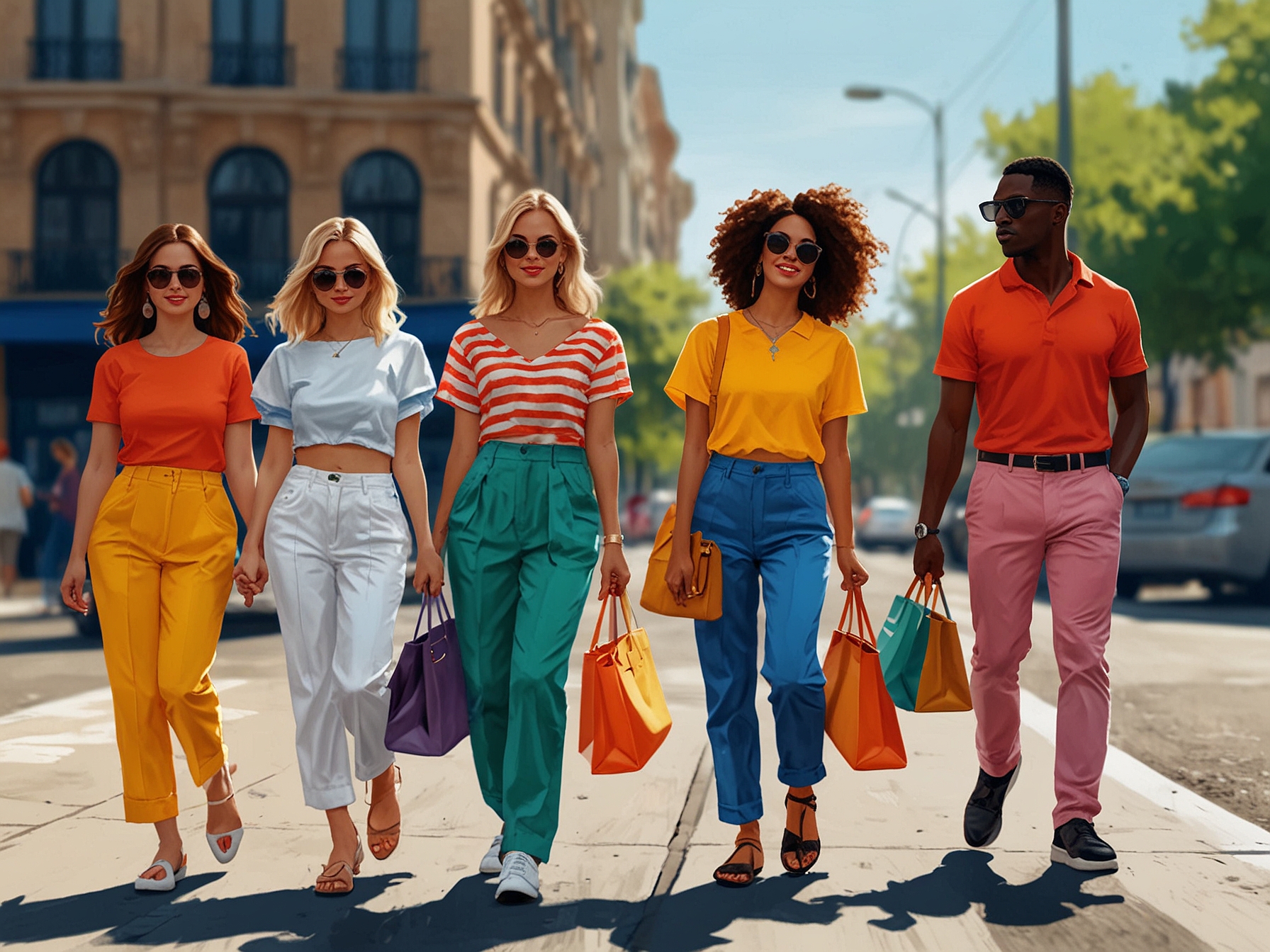 A vibrant summer street style showcasing individuals in bright colored outfits, reflecting the lively fashion trends of the season and personal expression.