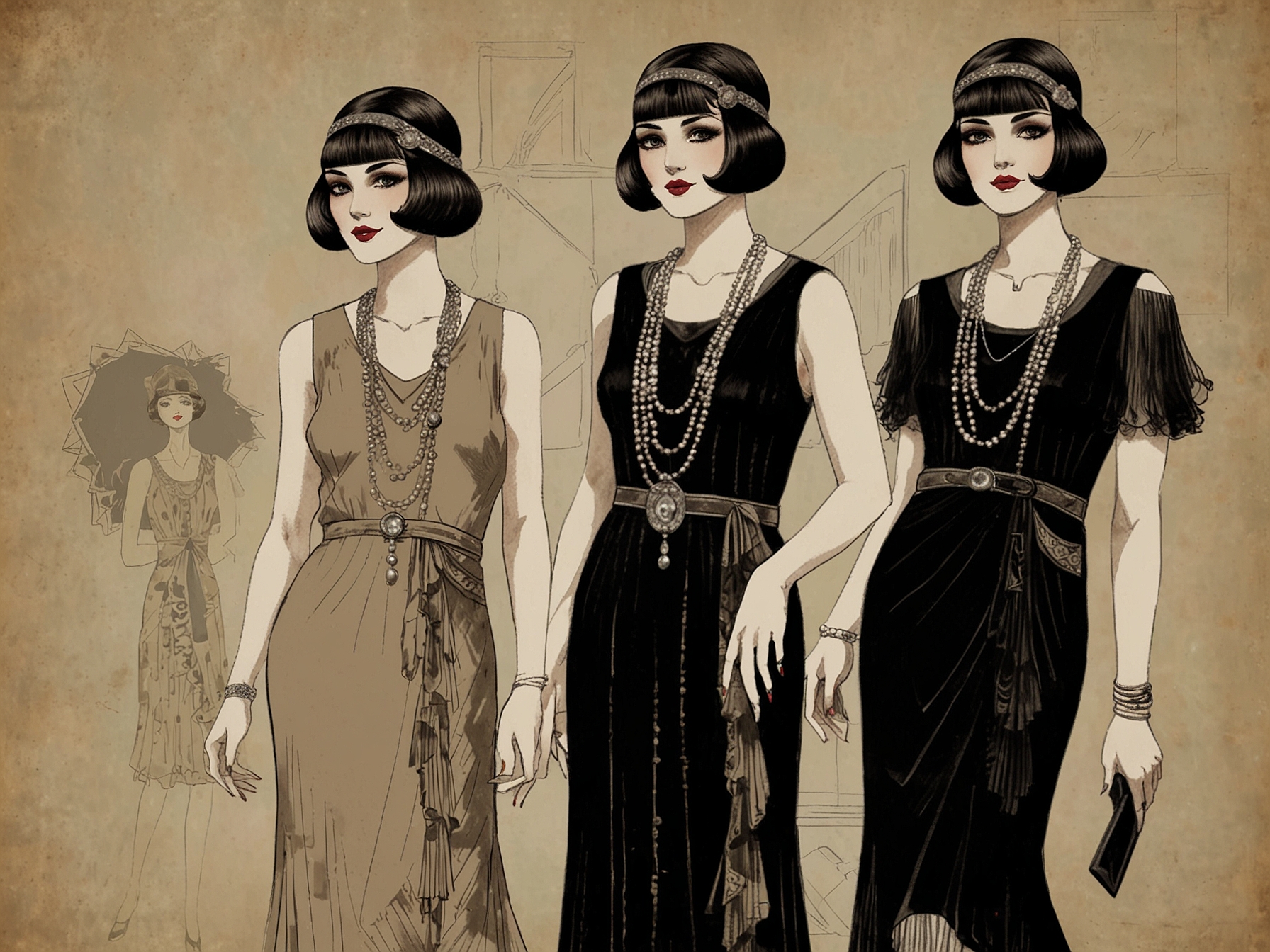 An elegant representation of vintage fashion from the 1920s with women in flapper dresses and bob hairstyles, illustrating the historical evolution of style.