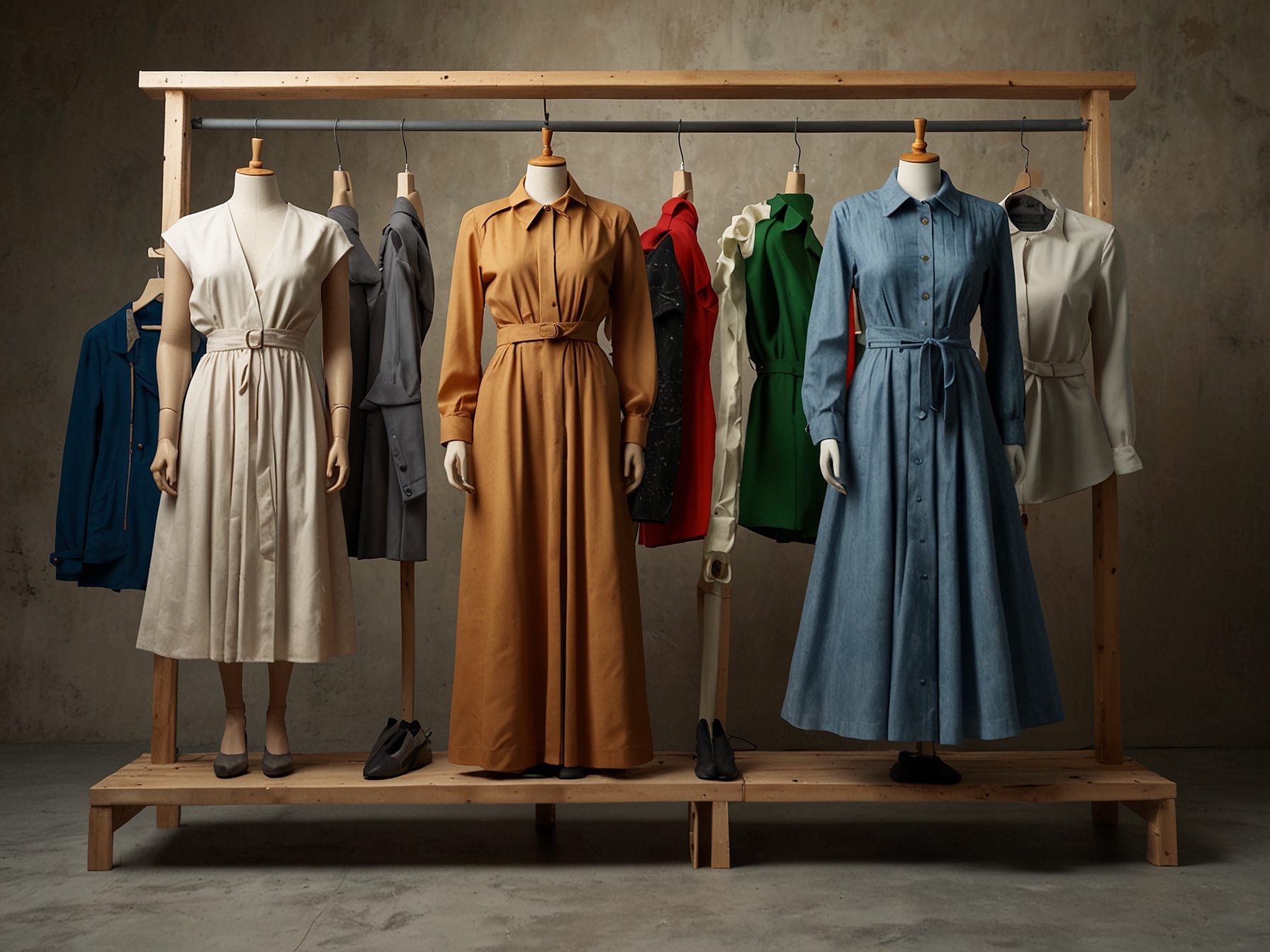 A modern eco-friendly fashion display highlighting sustainable clothing made from recycled materials, emphasizing the importance of environmentally conscious choices in fashion.