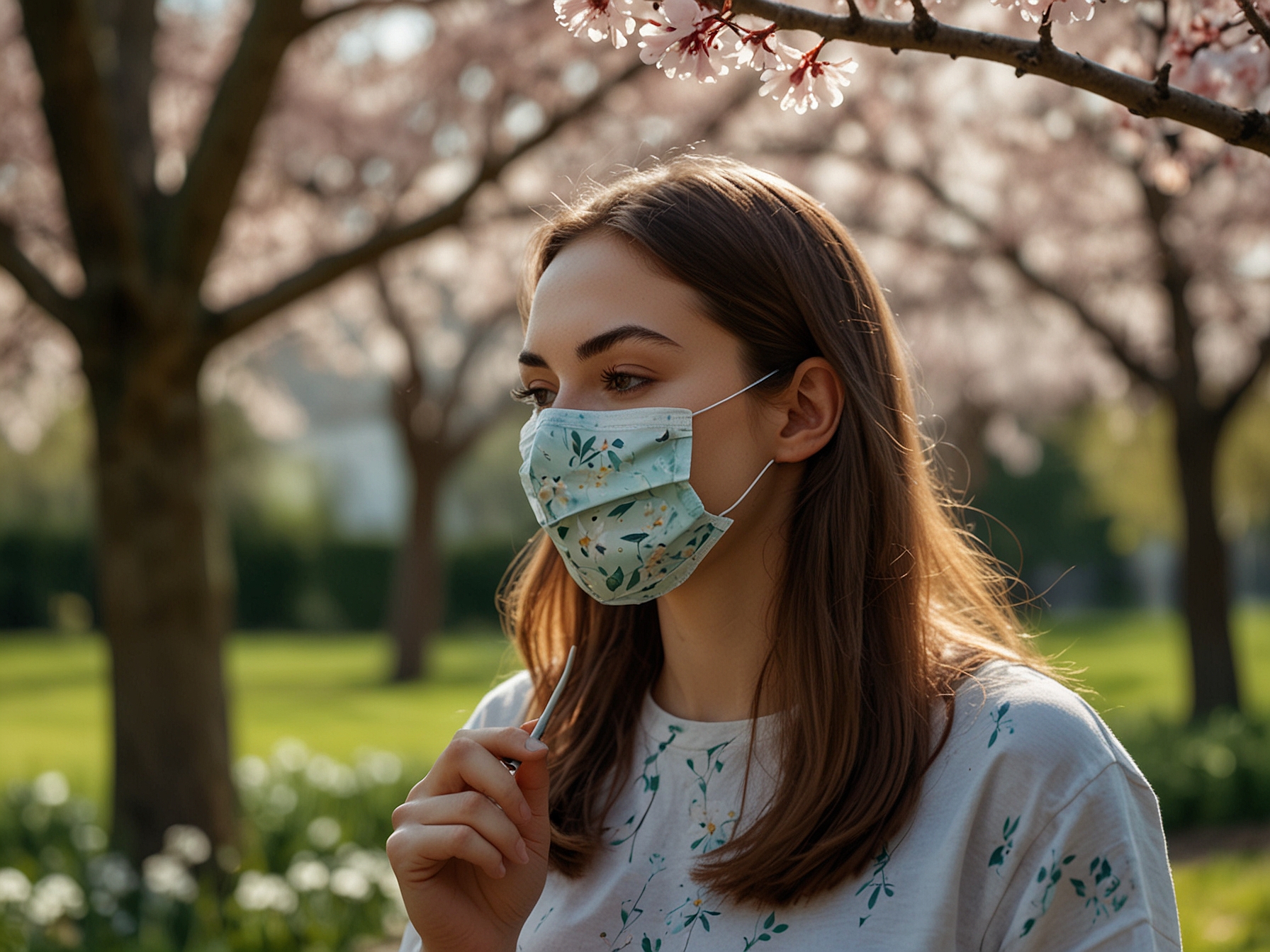 A serene spring scene showing a woman applying a natural face mask in a blooming garden, symbolizing renewal and freshness for the skin during spring.