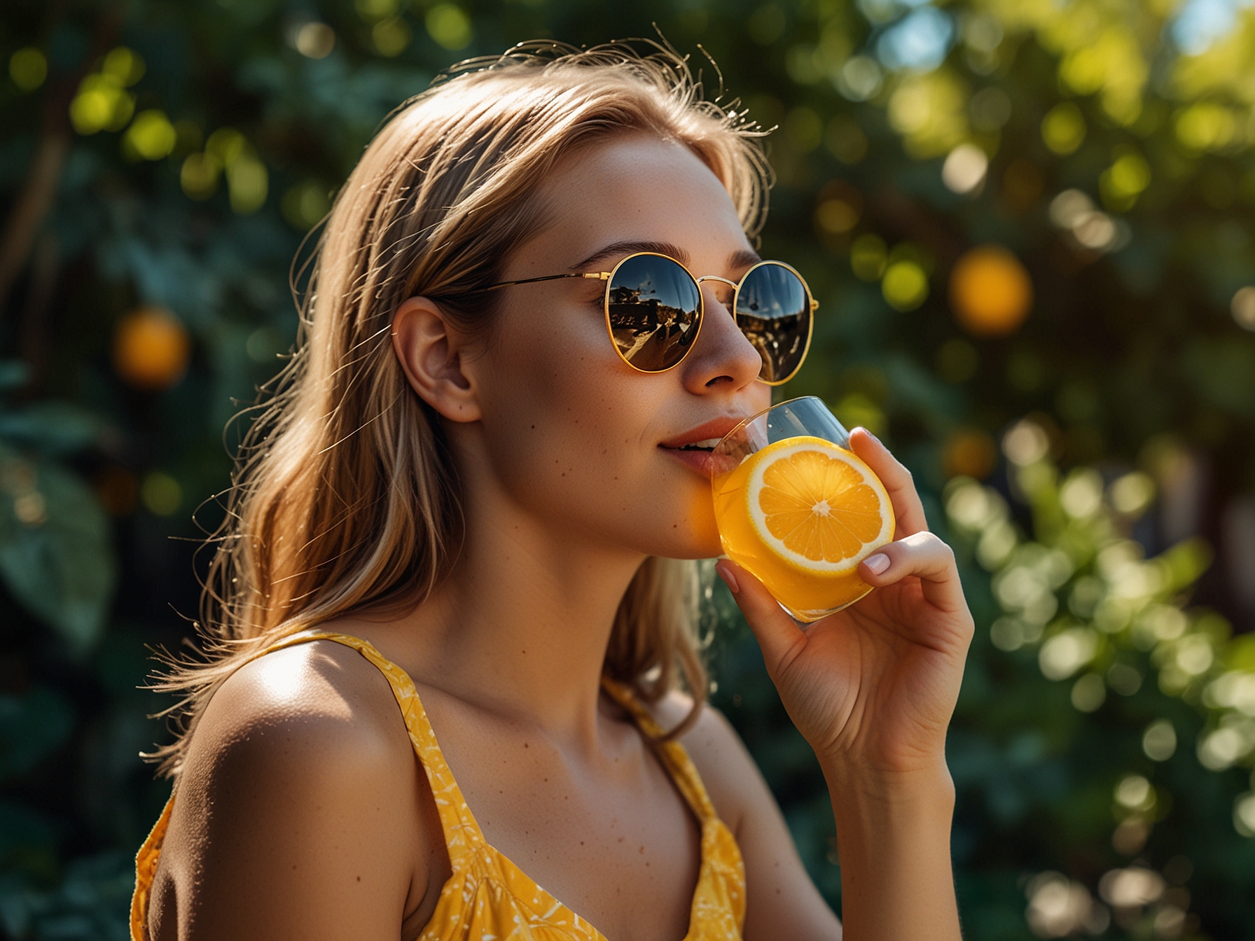 A bright summer day with a woman enjoying a refreshing drink made of lemon and honey, emphasizing hydration and natural beauty care in hot weather.