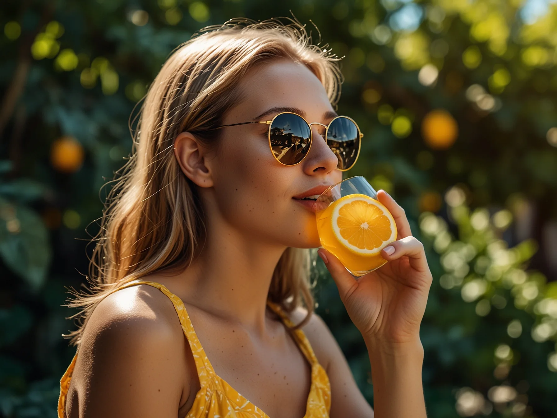 A bright summer day with a woman enjoying a refreshing drink made of lemon and honey, emphasizing hydration and natural beauty care in hot weather.