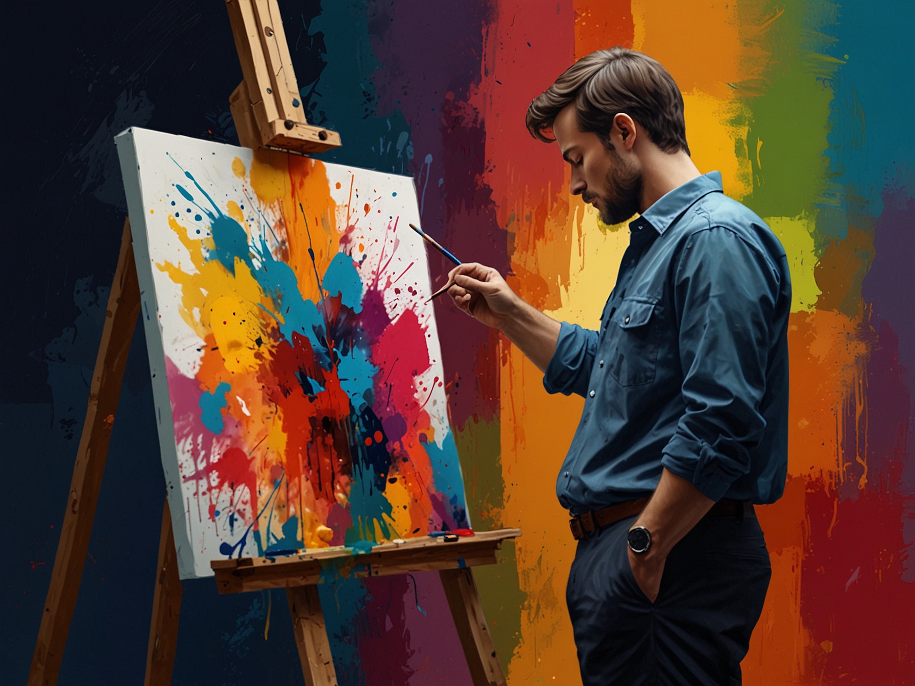 An artist passionately painting on a canvas, showcasing vibrant colors and abstract forms that evoke a deep emotional response from the viewer.