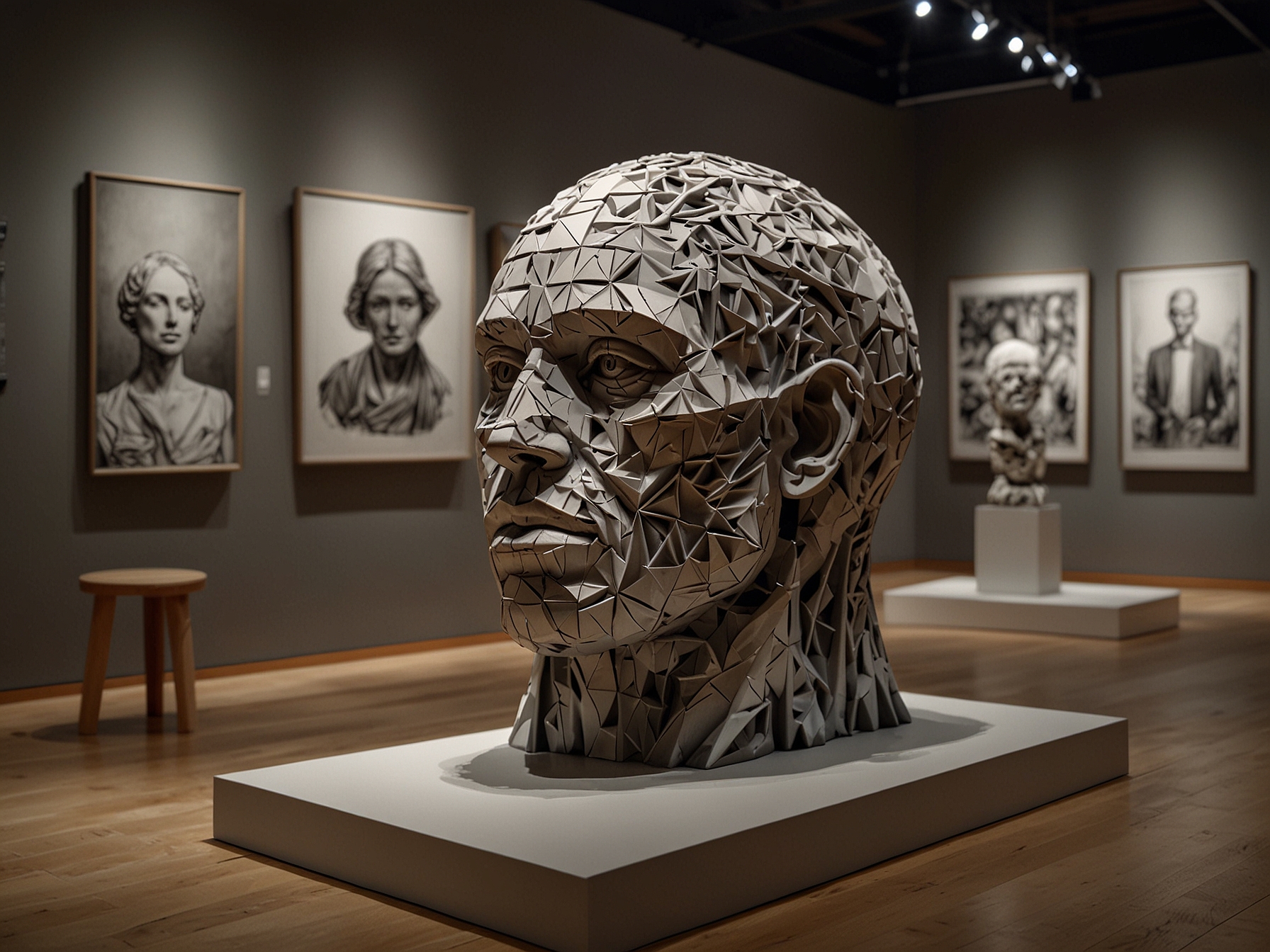 An expressive sculpture displayed in a gallery, highlighting the intricate details and textures that invite viewers to connect with the artist's vision and insights.