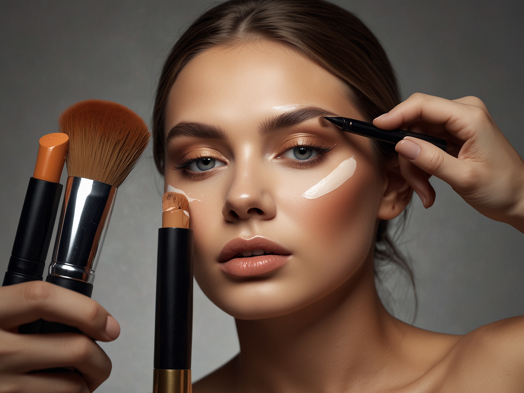 A makeup artist expertly applying foundation and highlighter on a model's face, emphasizing the skill required in makeup application to enhance natural beauty.