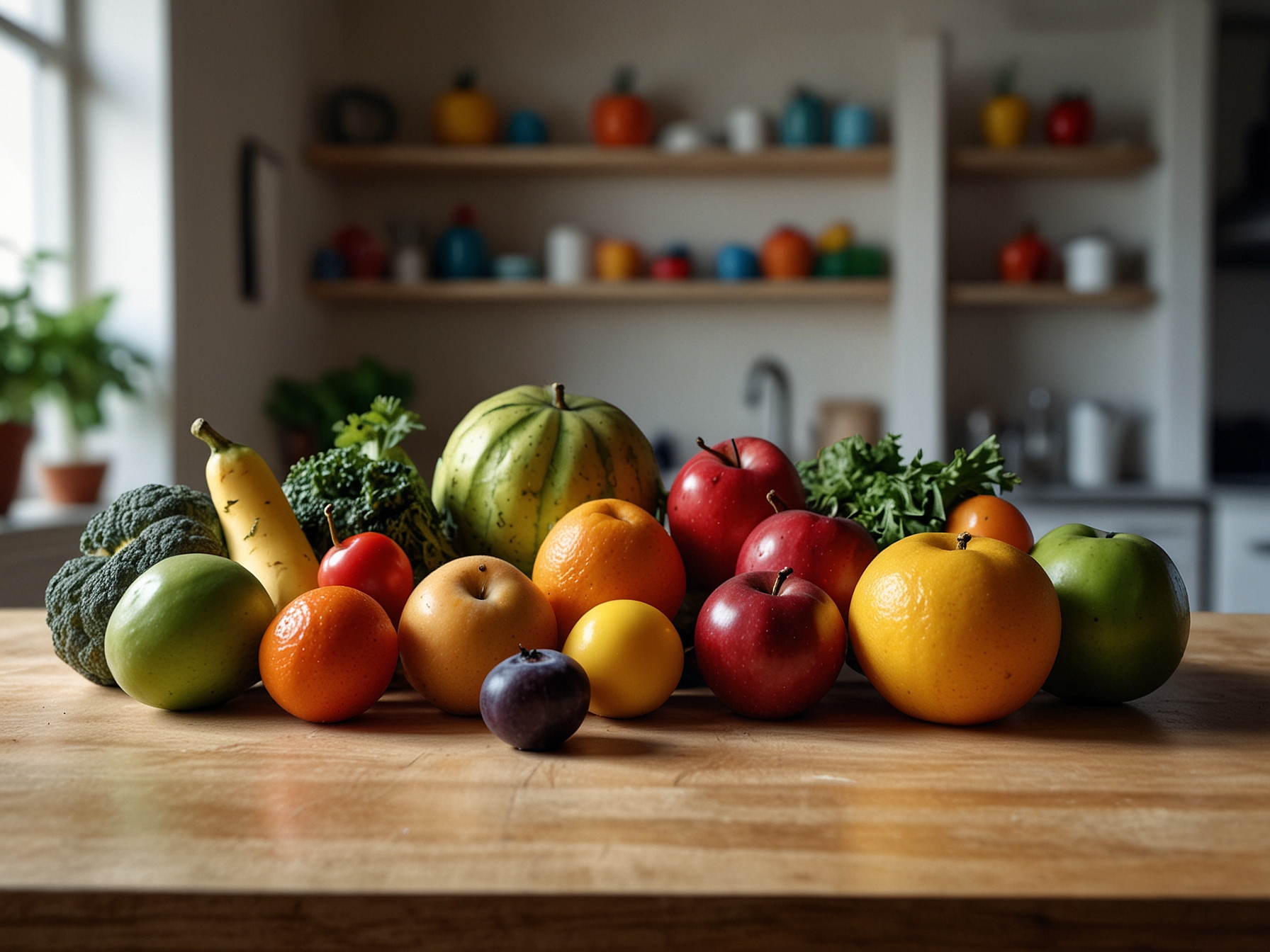 A vibrant assortment of fruits and vegetables on a kitchen counter, symbolizing the significance of a healthy diet in achieving radiant skin from the inside out.