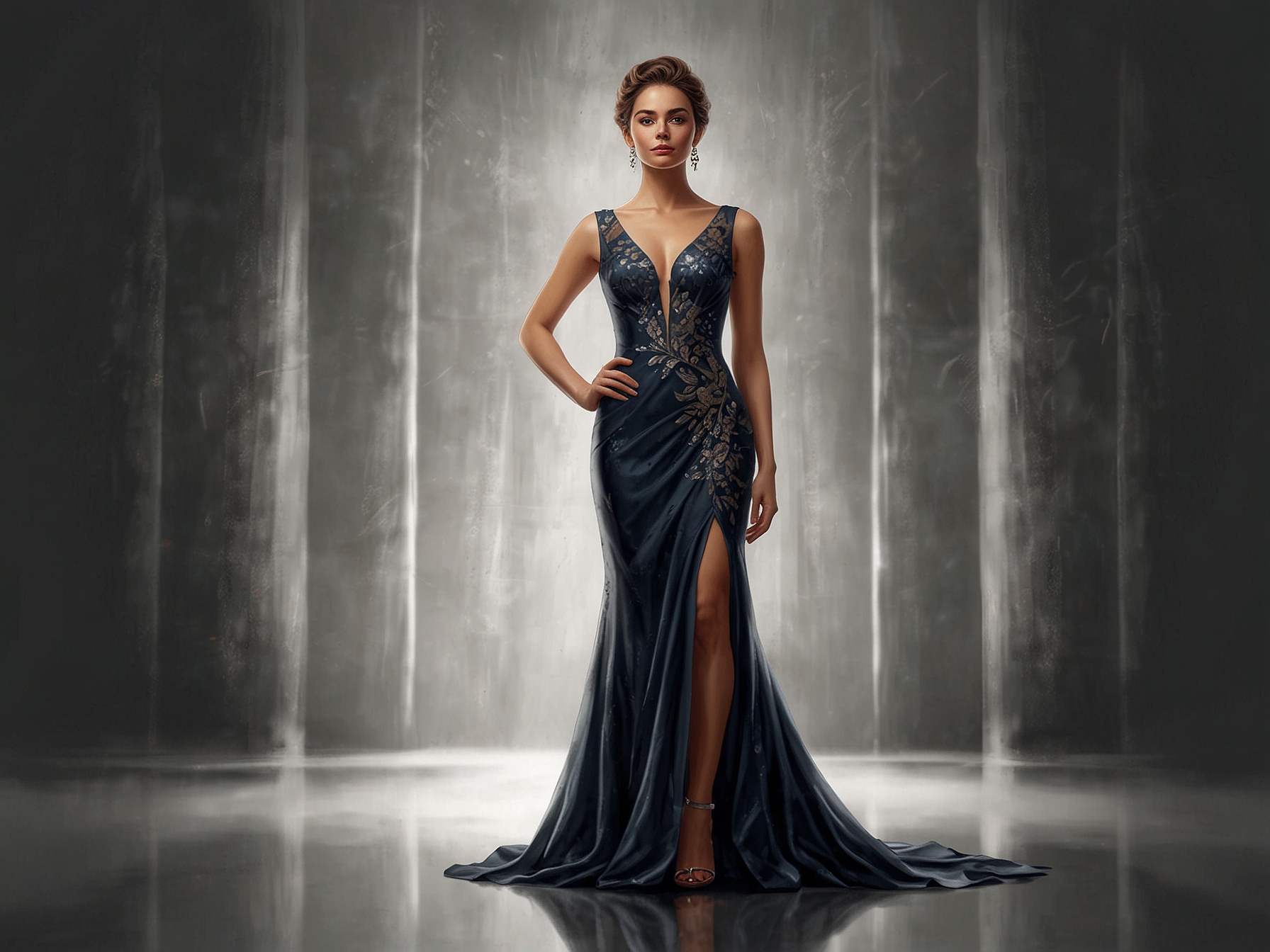 A confident woman standing tall in an elegant dress that accentuates her figure, embodying grace and self-assuredness. The lighting highlights her posture and cheerful expression.