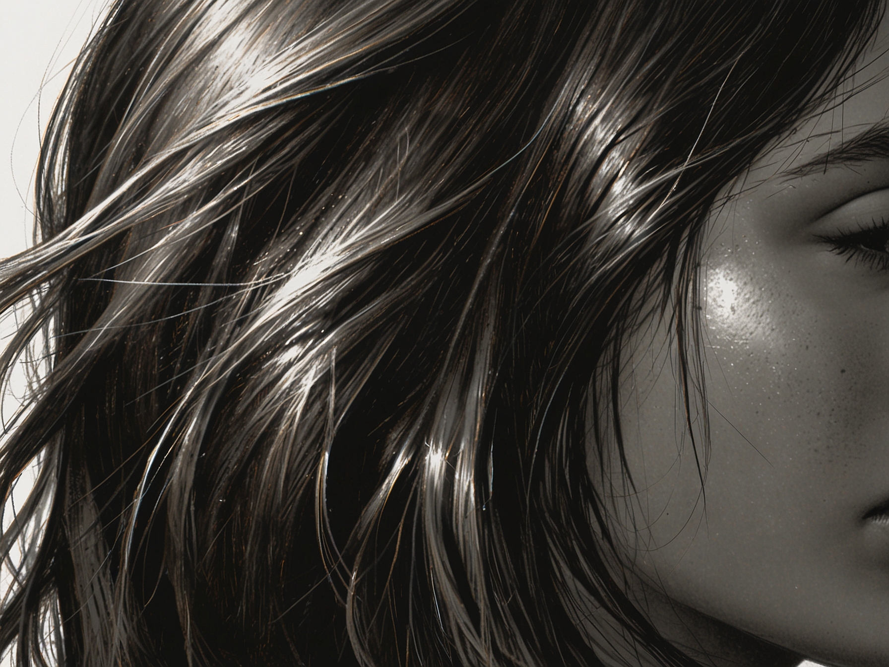 A close-up of shining, healthy hair cascading down a woman's shoulder, reflecting sunlight, illustrating the beauty and care of hair.