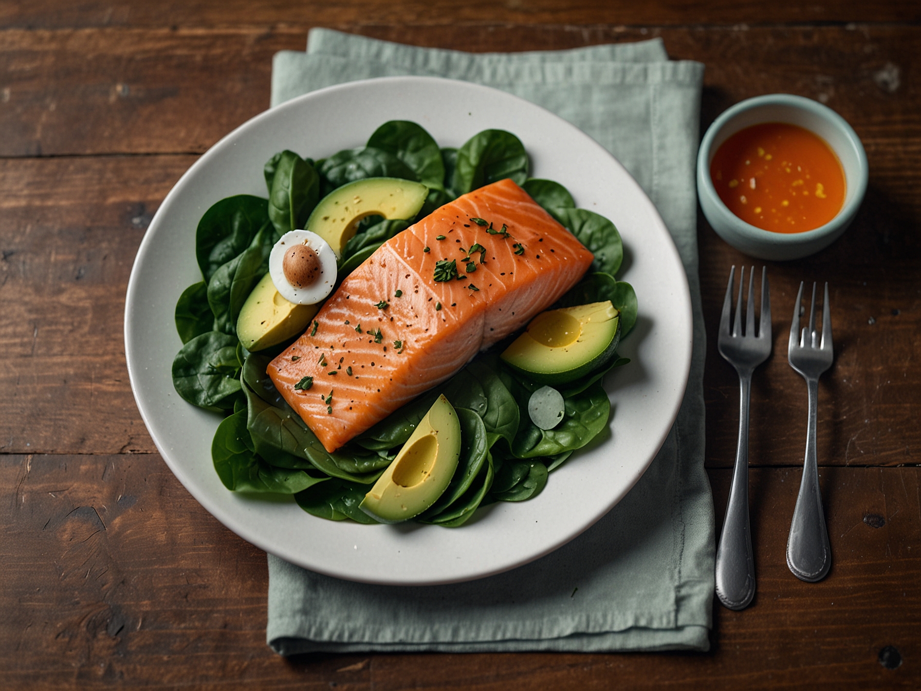 A healthy meal featuring foods rich in vitamins and omega-3s, such as salmon, spinach, and avocados, emphasizing the role of nutrition in hair health.