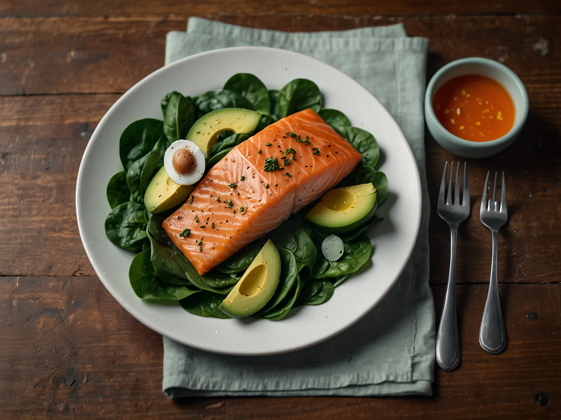 A healthy meal featuring foods rich in vitamins and omega-3s, such as salmon, spinach, and avocados, emphasizing the role of nutrition in hair health.