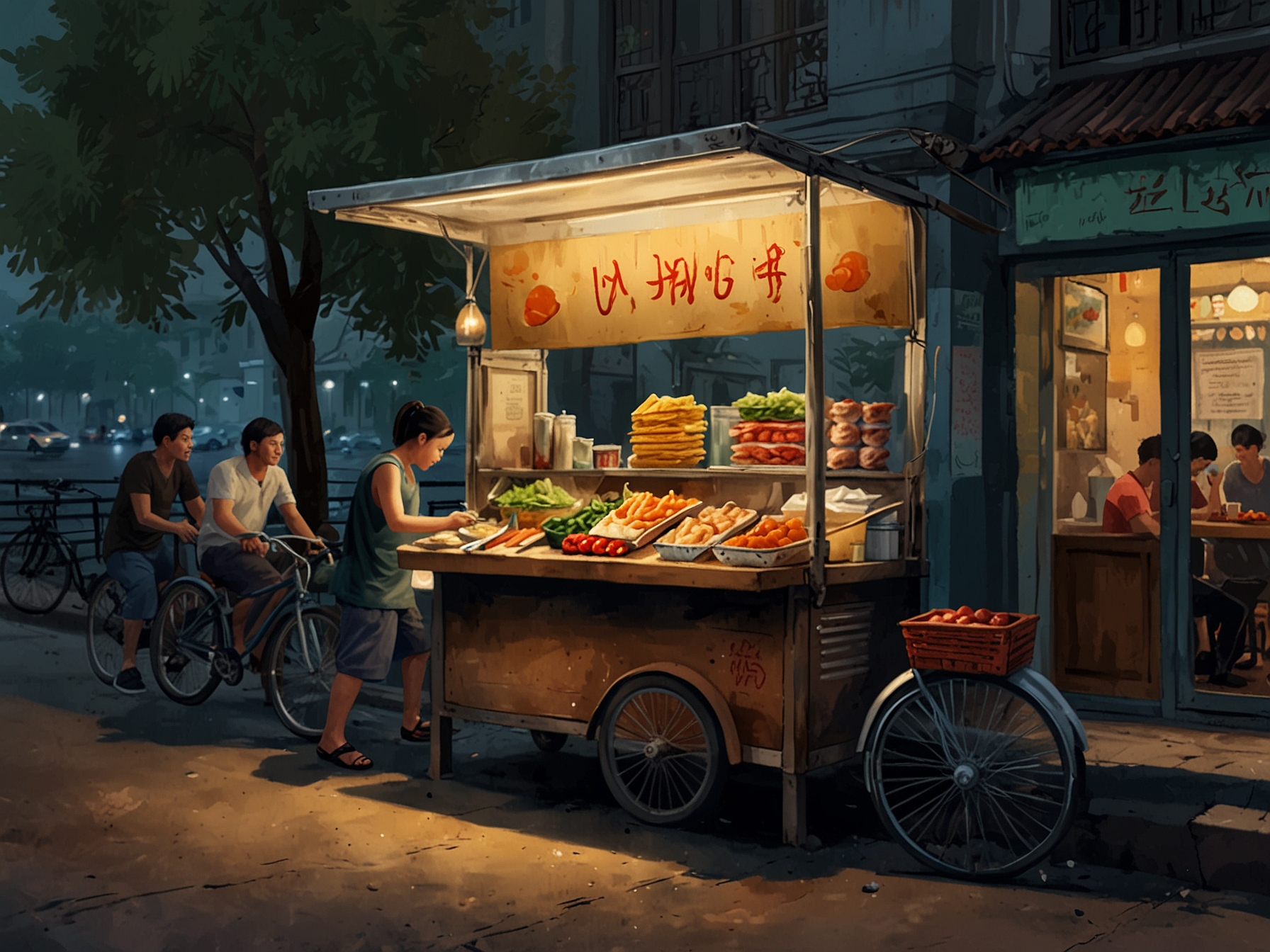 A cozy street food stall in Vietnam, beautifully displaying an array of colorful dishes, enticing passersby to stop and enjoy delicious local flavors while embracing the rich culture.