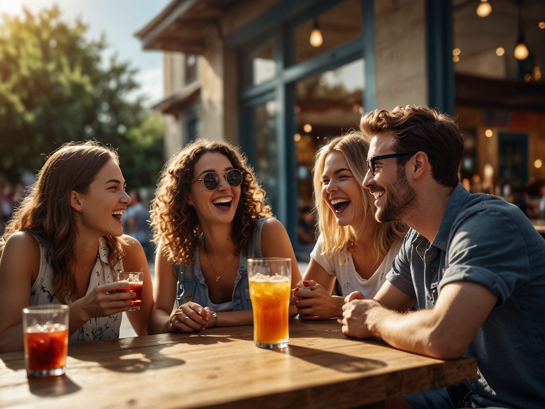 A group of friends laughing and clinking their glasses filled with refreshing beverages at a sunny outdoor cafe, capturing the joy of shared moments and meaningful conversations.