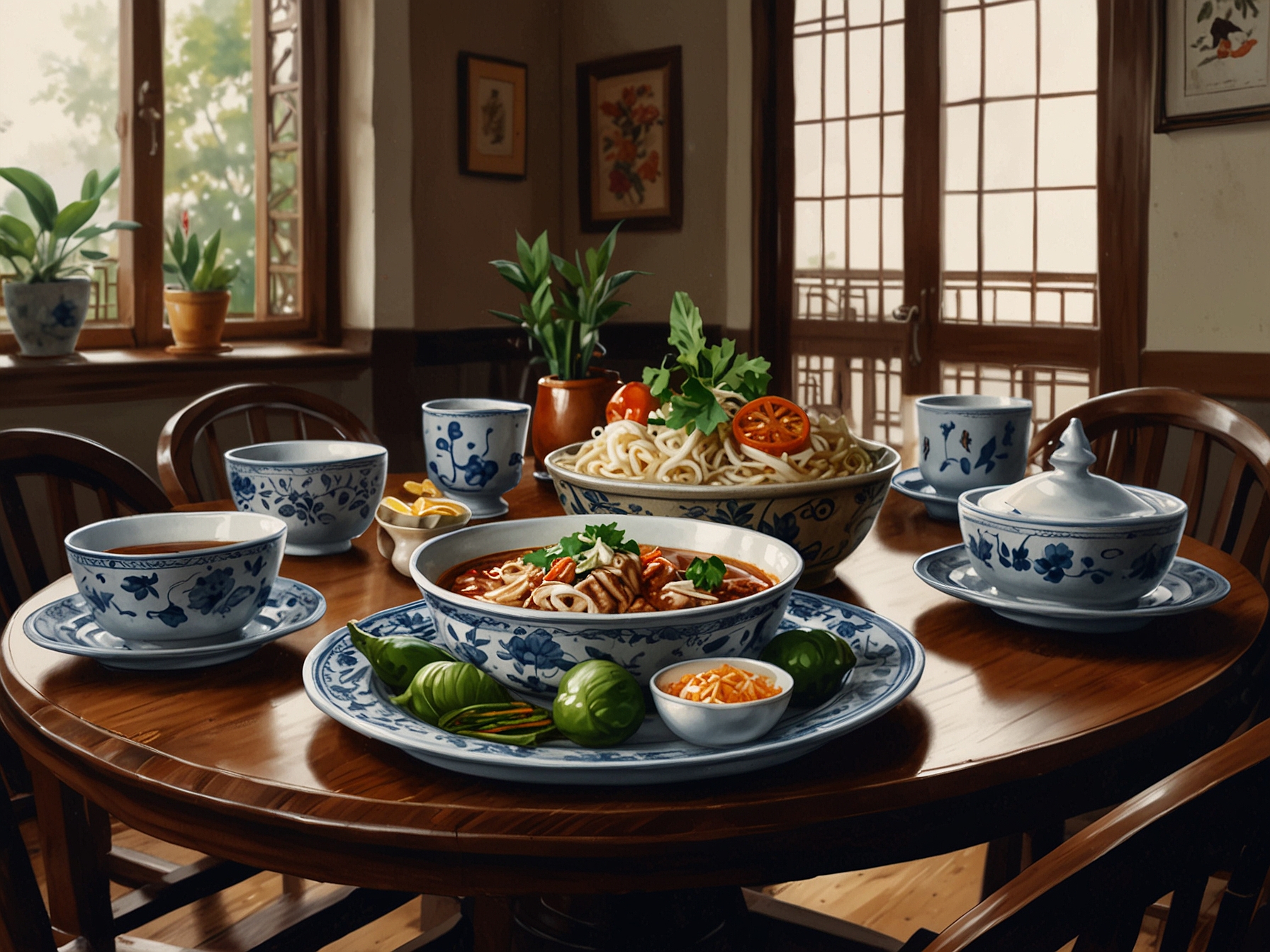 An elegant table set for a delightful meal, showcasing a variety of traditional Vietnamese dishes, inviting viewers to immerse themselves in the experience of food and connection.