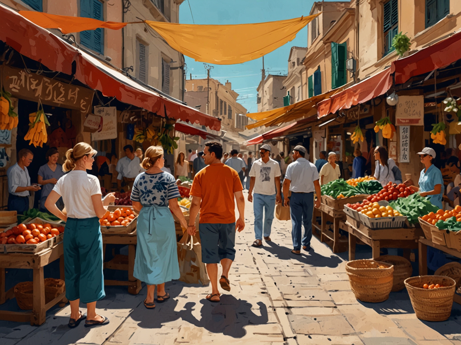 A lively street market filled with colorful local produce, artisans selling crafts, and people engaging in friendly conversation, showcasing the rich culture of the destination.