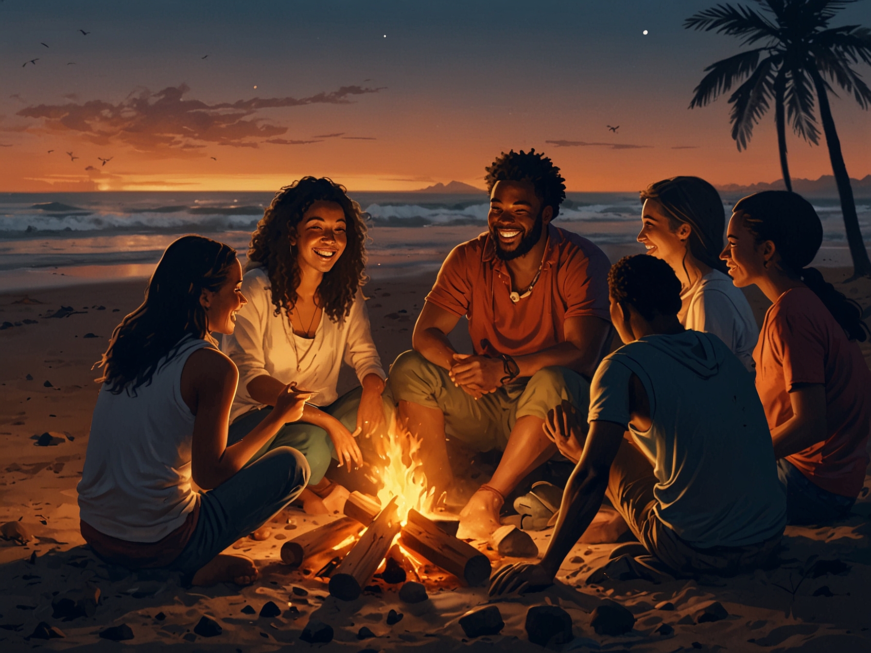 A group of diverse travelers laughing and sharing stories around a campfire on the beach, symbolizing the connections made through adventure and exploration.