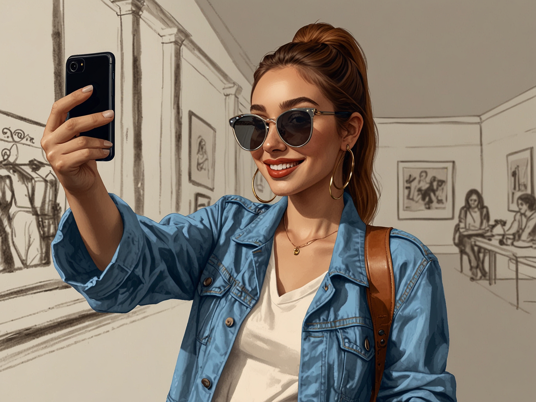 An influencer confidently wearing a trendy outfit while taking a selfie, illustrating how social media shapes our fashion decisions and self-expression.