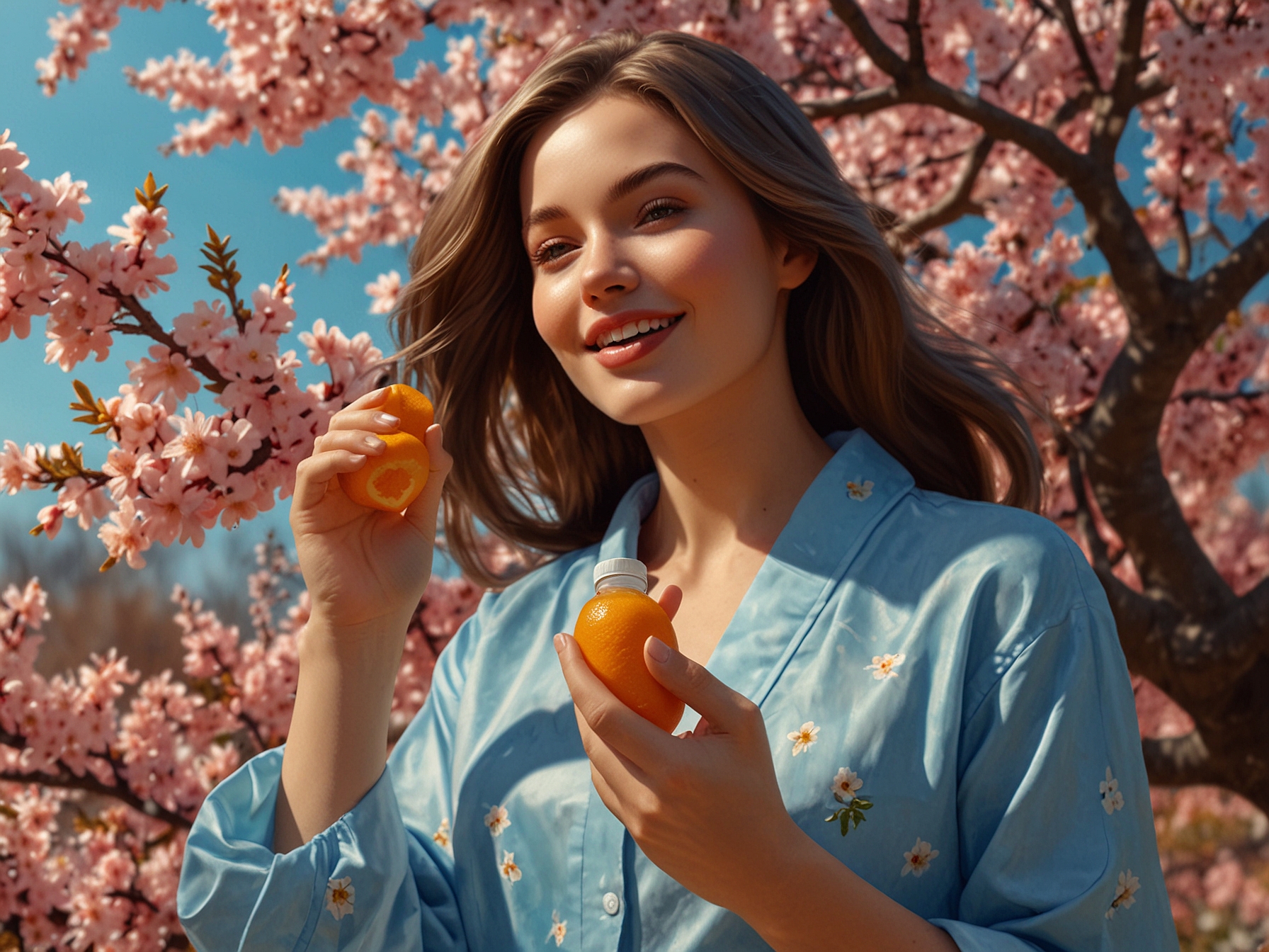 A vibrant spring scene with blooming flowers, showcasing a woman applying vitamin C serum to her glowing skin, embodying the freshness and renewal of the season.