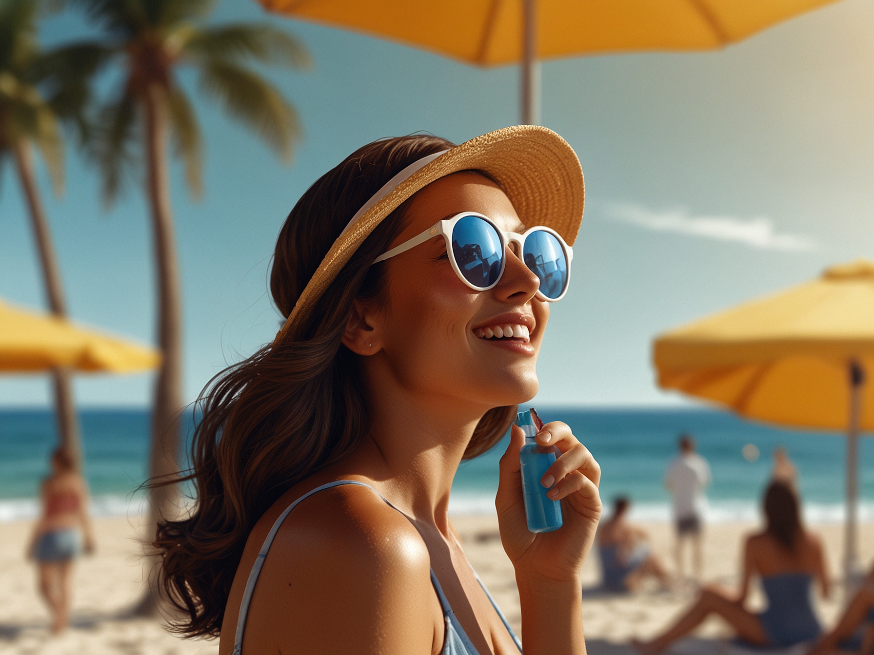 A sunny summer beach setting with a woman applying sunscreen, enjoying the sun while staying hydrated, illustrating the importance of summer skincare.