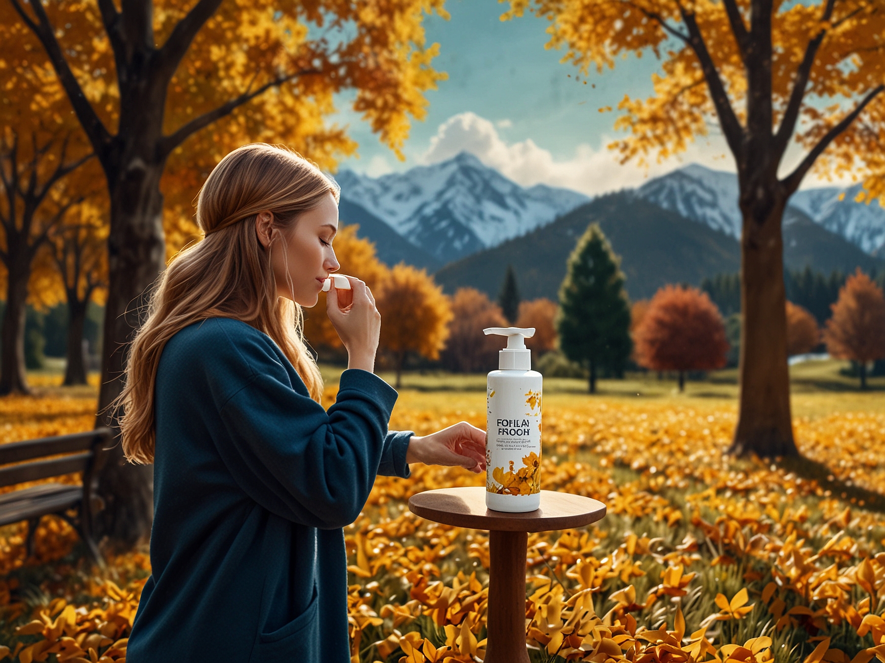 An autumn landscape with falling yellow leaves as a woman applies rich moisturizing cream, highlighting the transition into cooler weather and the need for added hydration.