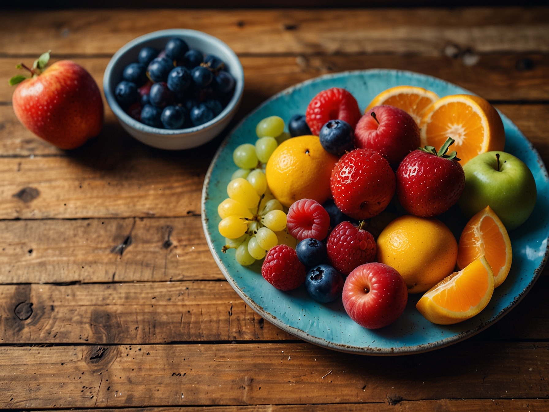 A vibrant and colorful plate of fresh fruits served on a rustic wooden table, inviting someone to relax and savor each bite during a warm summer afternoon with friends.