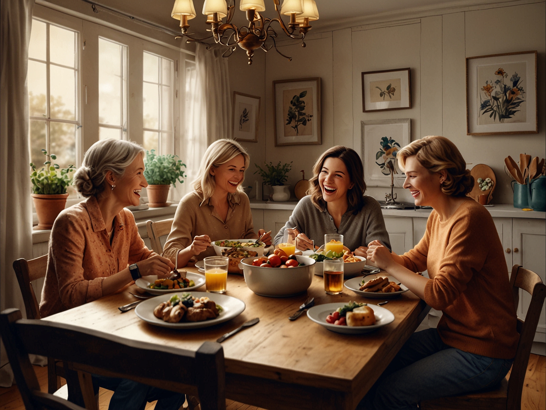 A cozy family dinner setting with a beautifully arranged table, laughter in the air, and various delicious dishes showcasing the joy of togetherness and indulgence in food.