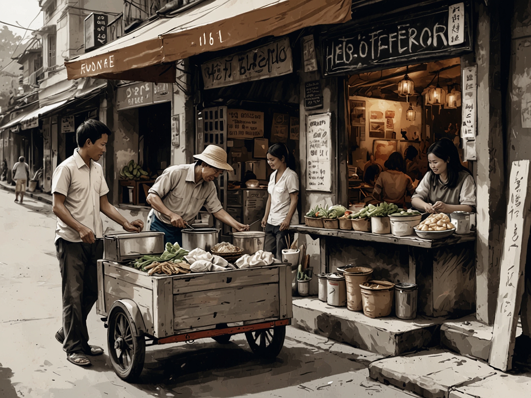 A street vendor selling traditional Vietnamese street food, featuring fresh ingredients and happy patrons enjoying their meals, highlighting the simple pleasures of eating well without spending much.