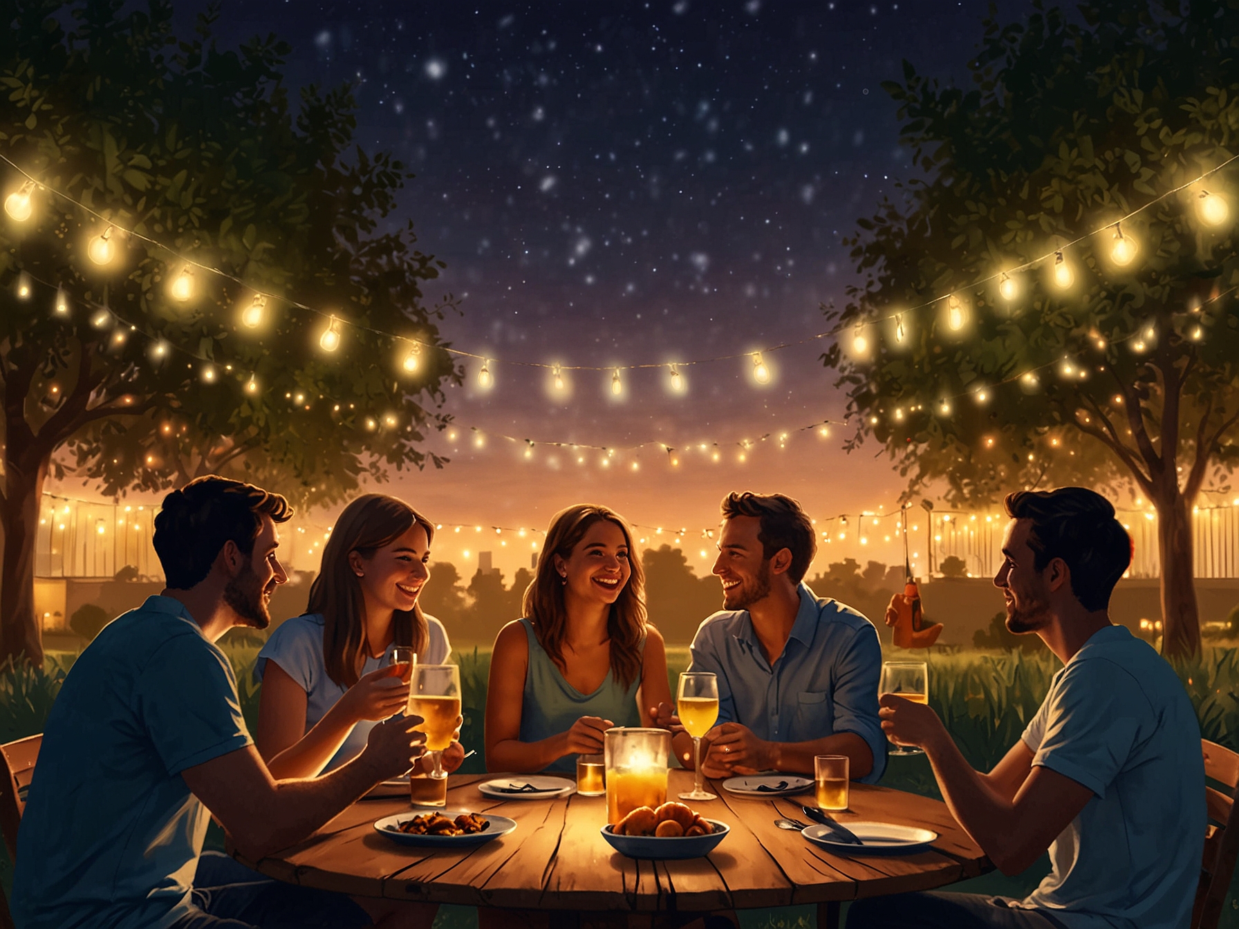 An outdoor gathering under fairy lights in the evening, showcasing friends clinking glasses filled with refreshing beverages, embodying the essence of savoring life's moments together.