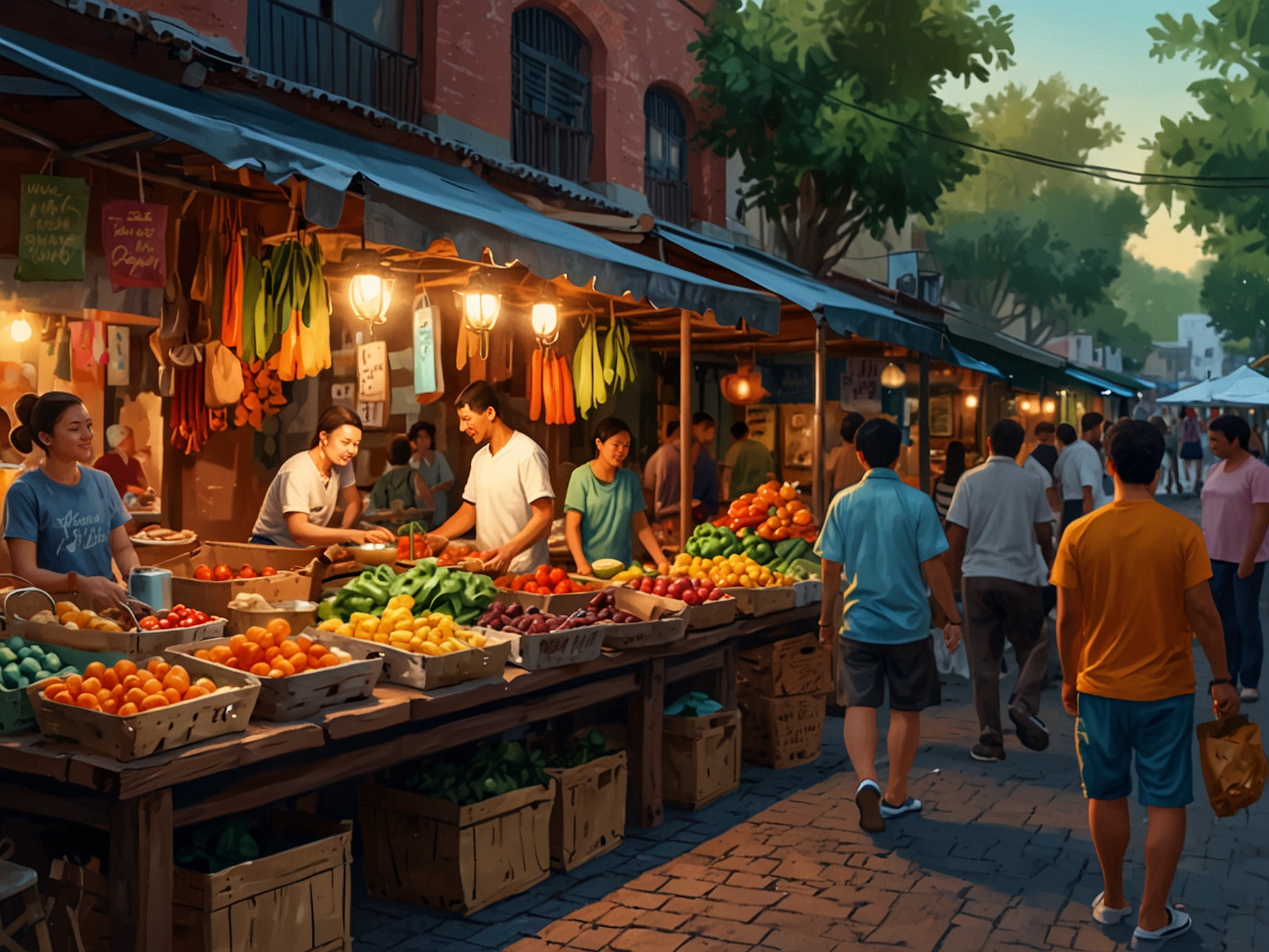 A vibrant street market filled with colorful local foods and cultural artifacts, showcasing the rich culinary experiences that one can discover while traveling.