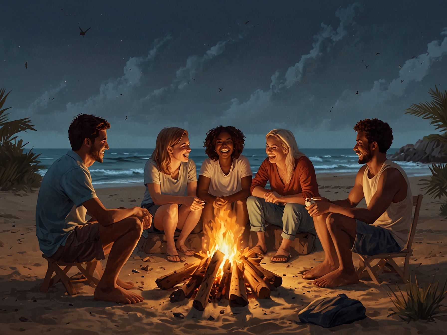 A group of diverse travelers laughing and sharing stories around a beach bonfire, highlighting the connections and friendships that are formed during travel adventures.