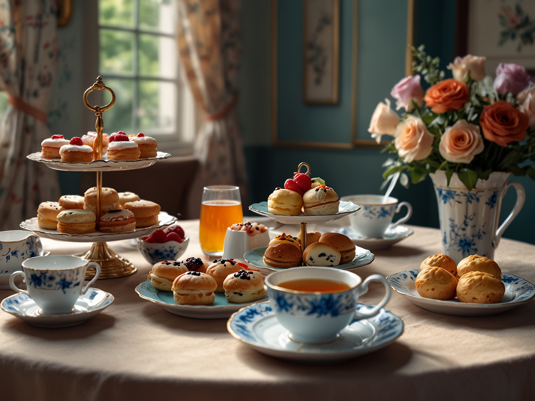 A beautifully set afternoon tea table adorned with delicate china, pastries, and colorful teas, inviting a serene atmosphere for relaxation and socializing.