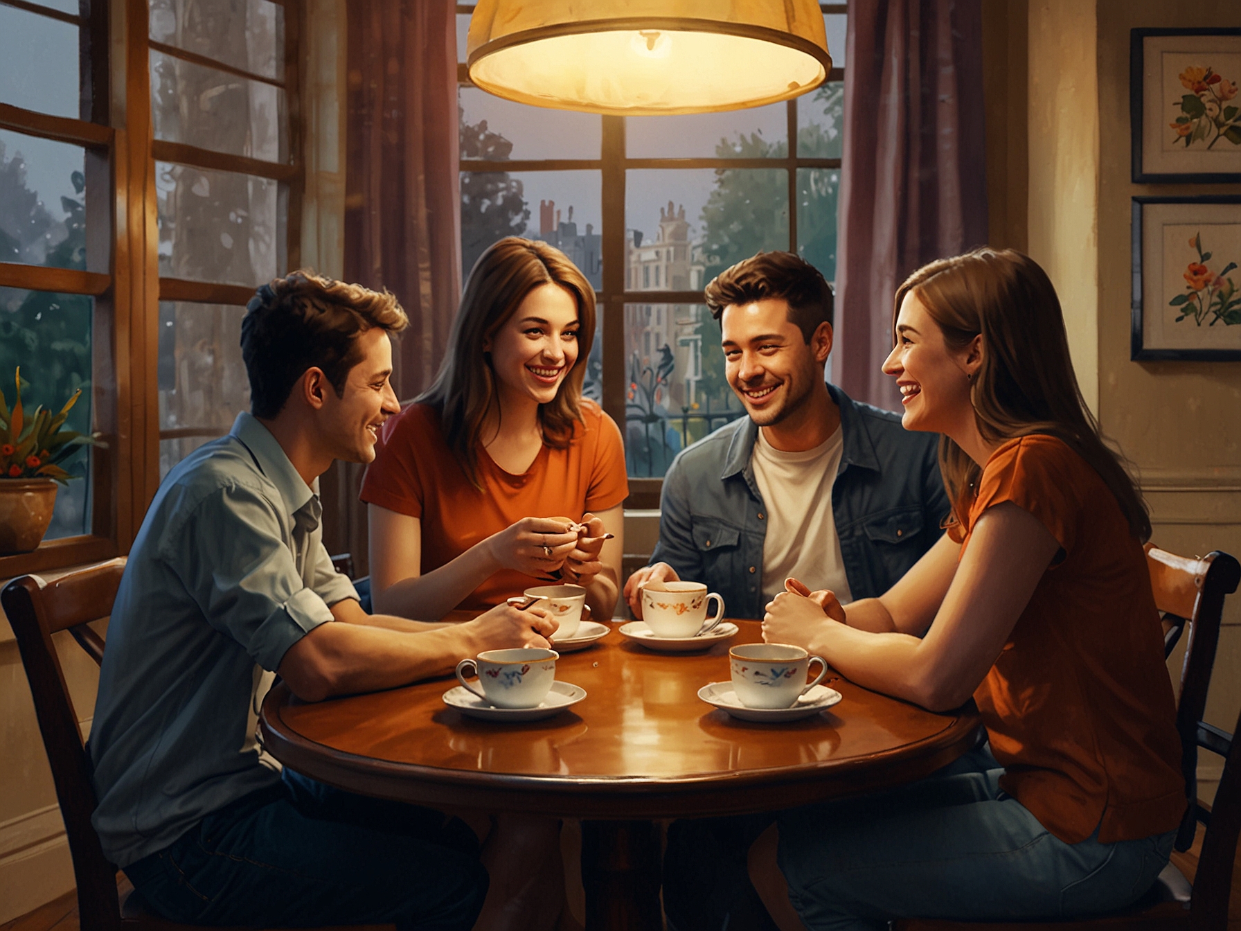 Friends joyfully chatting around a tea table, savoring their favorite teas and treats, embodying the warmth and connection that afternoon tea brings to relationships.