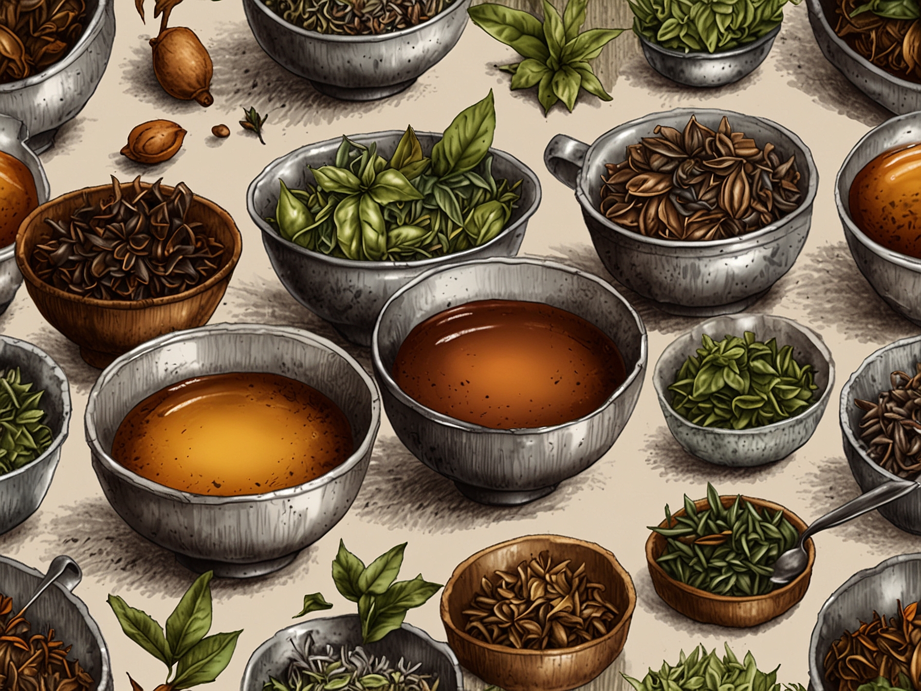 A close-up of various tea leaves, showcasing the diversity of flavors available for afternoon tea, highlighting the art of tea selection and brewing.