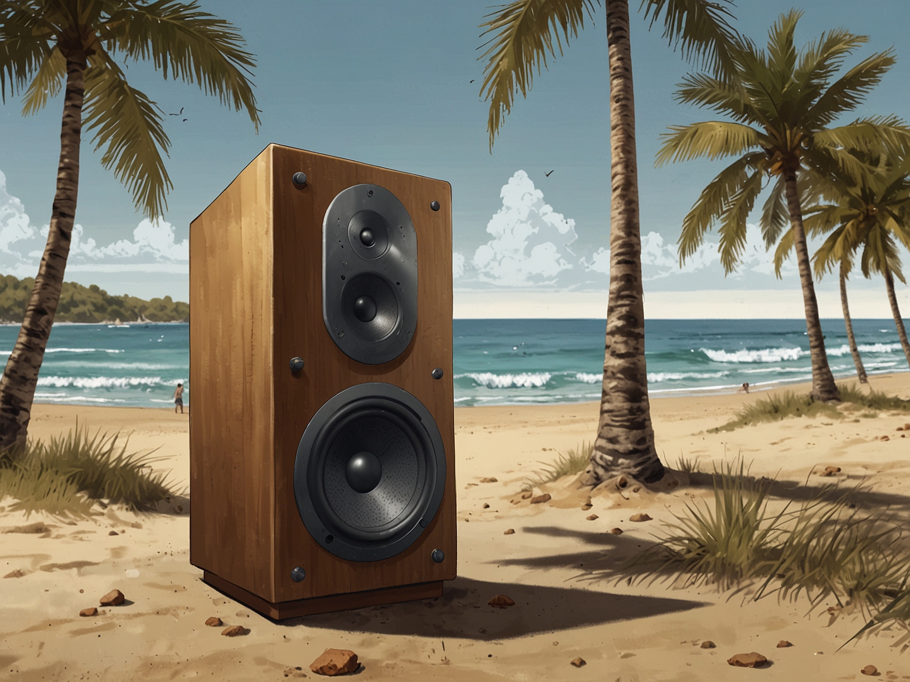 A serene beach scene with soft breezes, where a small speaker plays a familiar melody, evoking beautiful memories tied to the power of music.