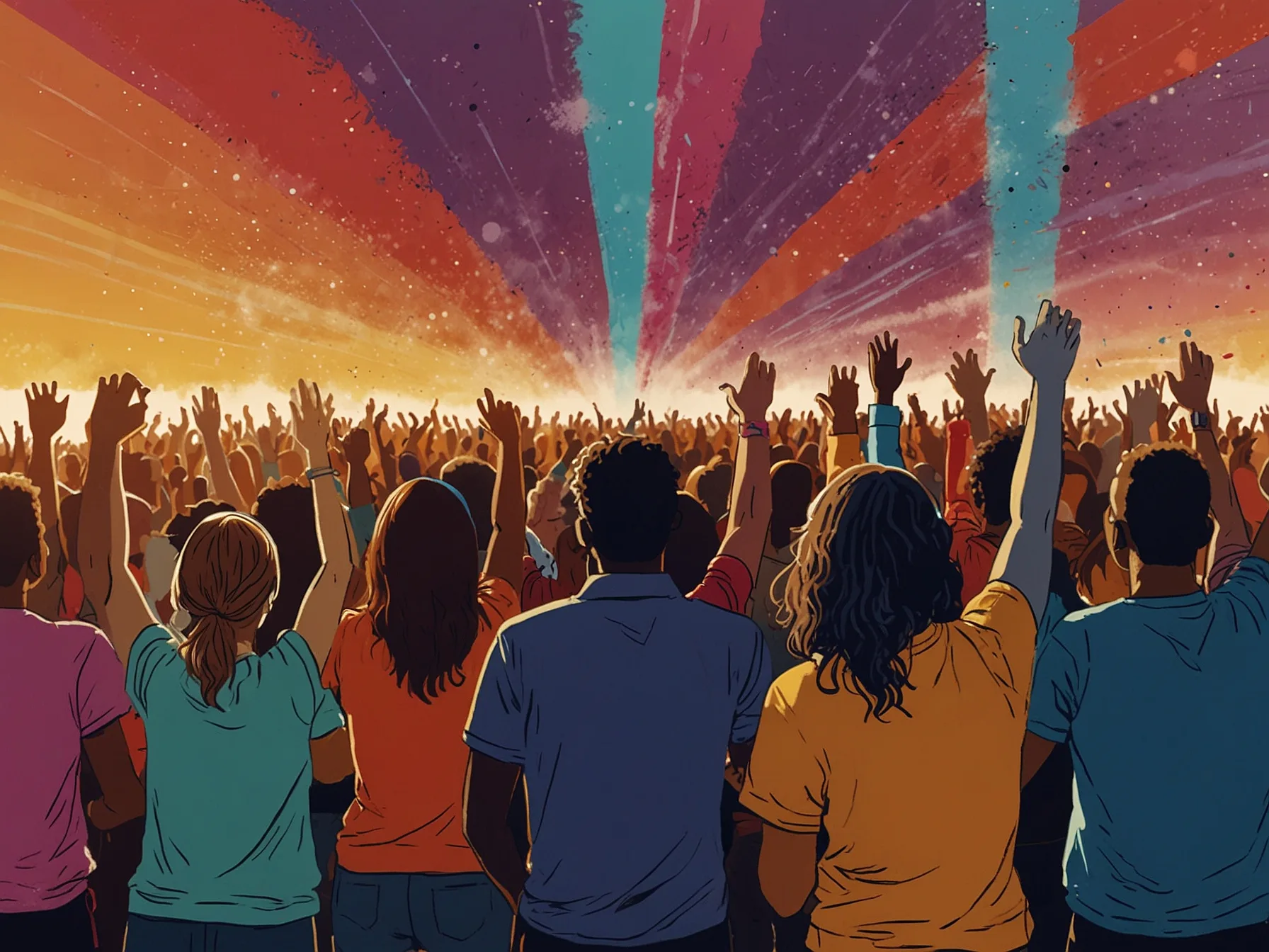 A vibrant concert crowd, with people of diverse backgrounds united in joy, singing along to their favorite songs, showcasing music's ability to bring people together.