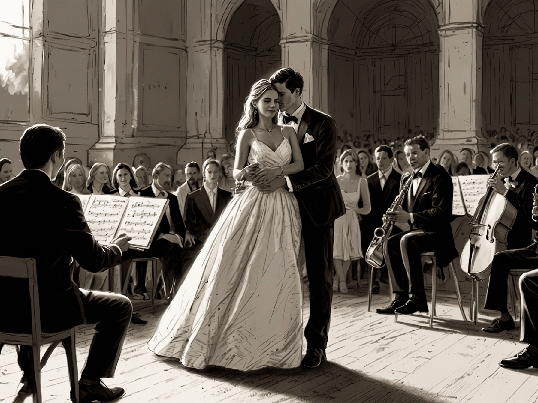 An illustration of a musician playing at a wedding ceremony, symbolizing music's integral role in important life events and cultural traditions.