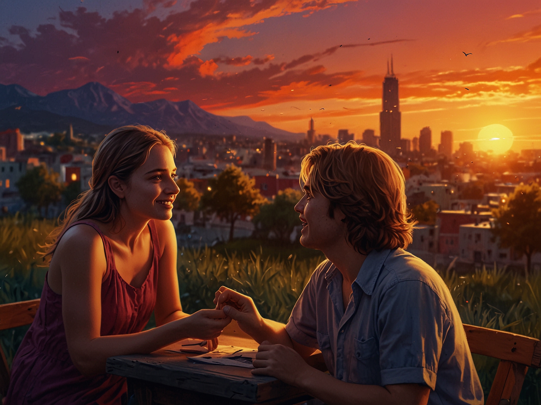 A vibrant movie scene showcasing a colorful sunset, demonstrating the emotional impact of visual storytelling in film. The colors vividly evoke feelings of warmth and nostalgia.