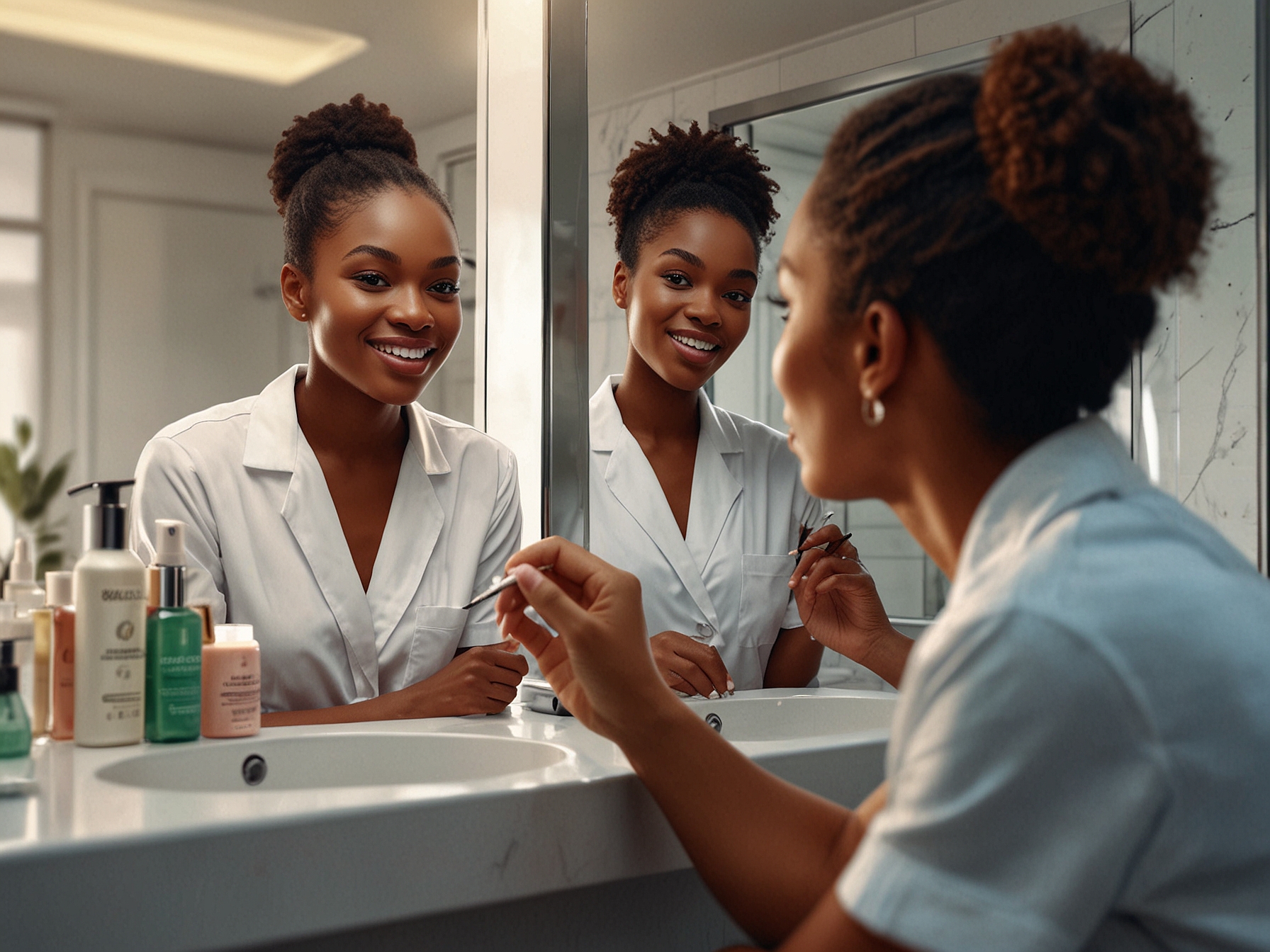 A close-up of a diverse group of women applying various skincare products in front of a bathroom mirror, showcasing the art of facial care and beauty routines.