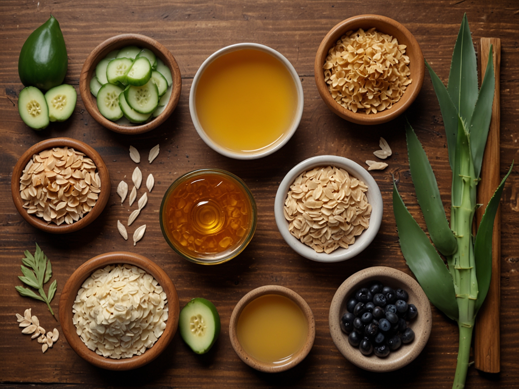 An assortment of natural ingredients including honey, aloe vera, and oatmeal set out on a wooden table, emphasizing the importance of homemade face masks for glowing skin.