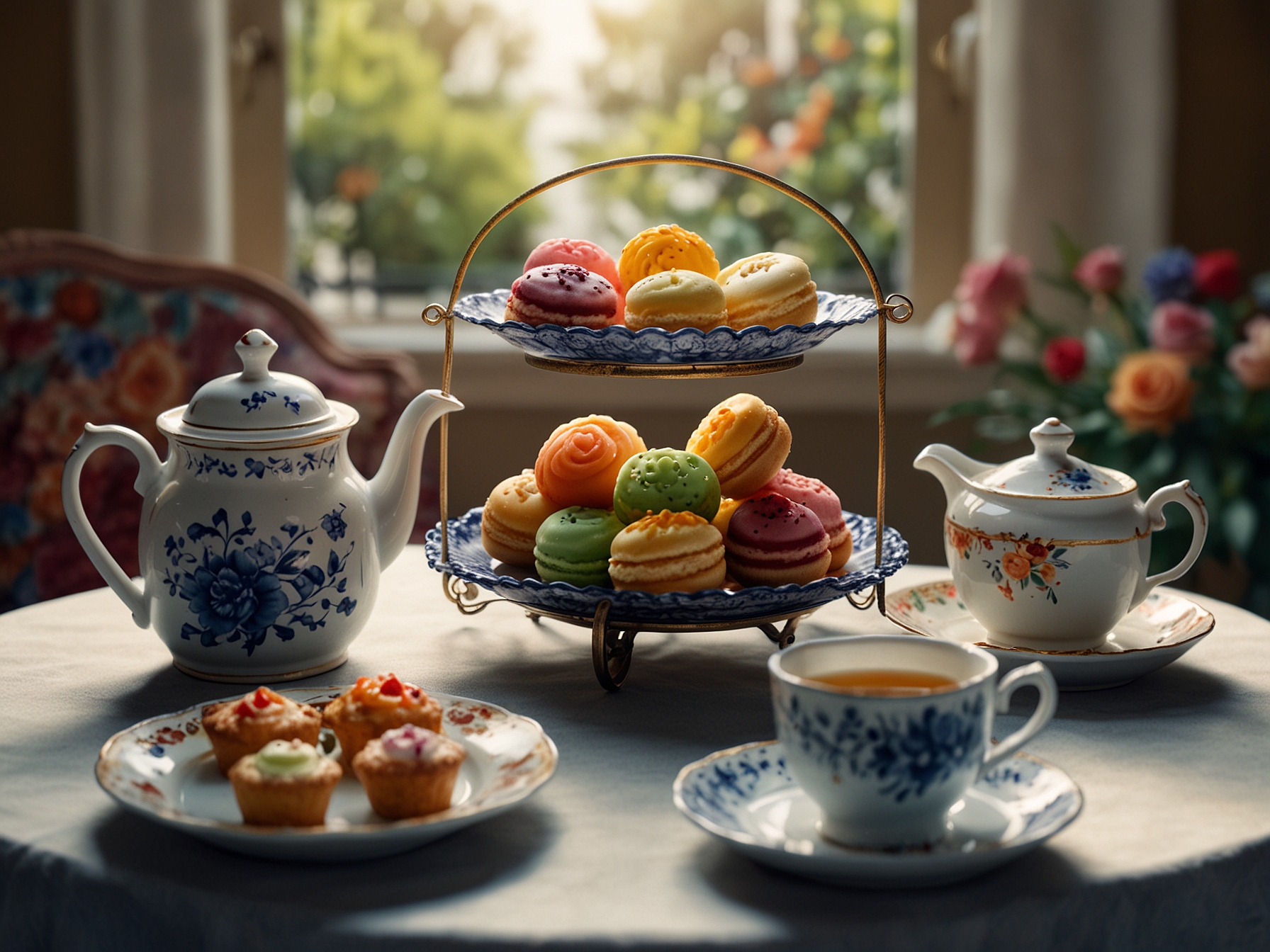 A beautifully arranged tea table featuring an elegant teapot, delicate porcelain cups, and an assortment of colorful pastries. The inviting atmosphere captures the essence of afternoon tea culture.