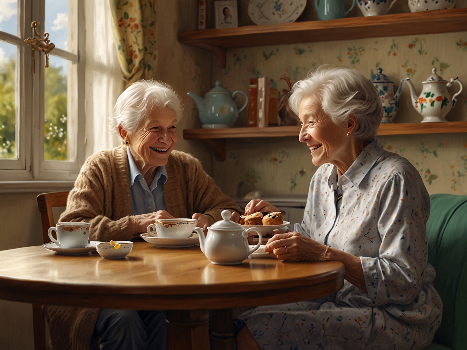 A cozy scene of two generations enjoying afternoon tea together, sharing stories and laughter over a steaming pot of jasmine tea and freshly baked scones.