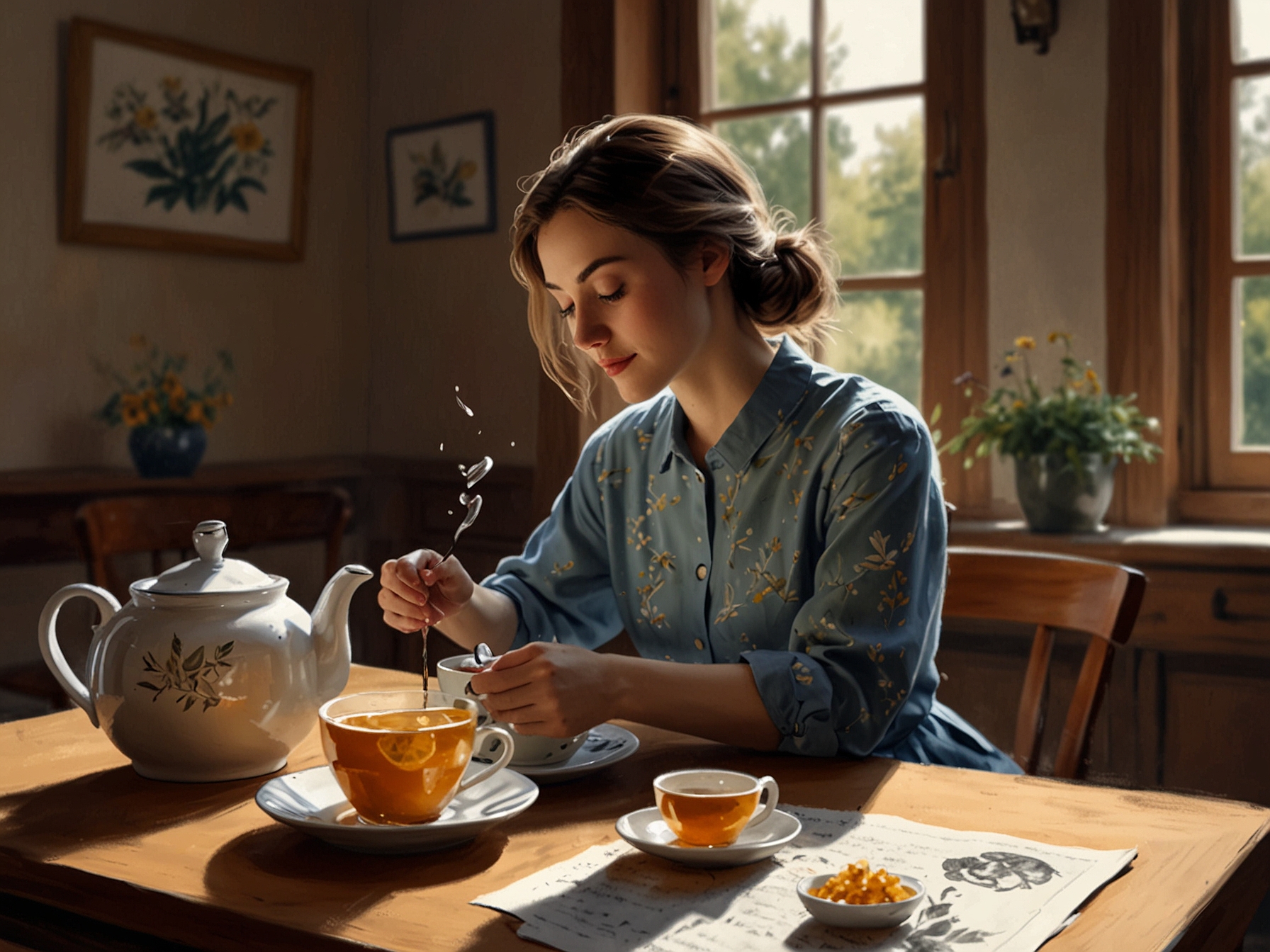 An individual preparing a cup of tea at home, with various tea leaves, honey, and a slice of lemon by the side. The serene setting emphasizes the personal connection to tea drinking.