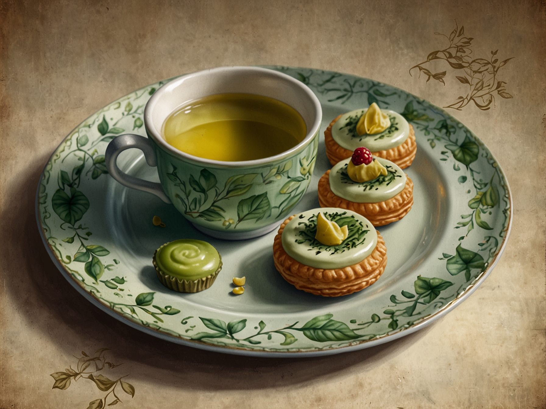 A close-up shot of lush green tea leaves and artfully crafted pastries on a vintage plate, showcasing the beauty and variety within the afternoon tea experience.