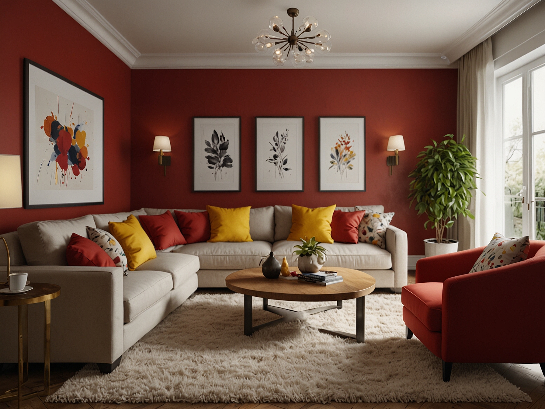 A vibrant living room featuring a bold accent wall painted in bright colors like red and yellow, contrasted by cozy beige sofa and decorative cushions, capturing the essence of lively decor.