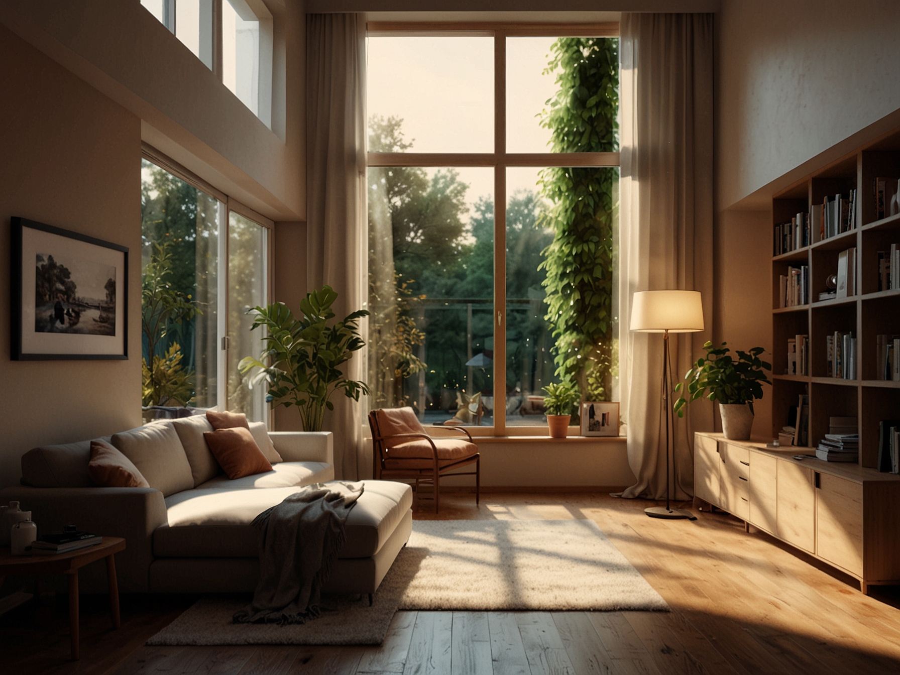 A beautifully arranged indoor space with large windows allowing natural light to flood in, combined with warm-toned lamps creating a welcoming atmosphere, emphasizing the importance of light in home decor.